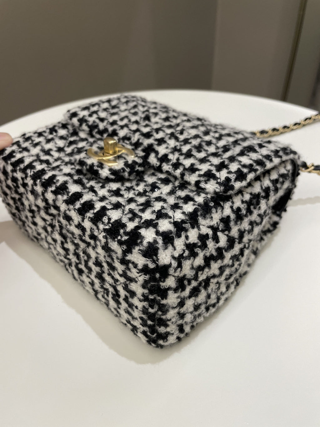 Chanel 22K Houndstooth Mini Square Black/ White Sequin Tweed