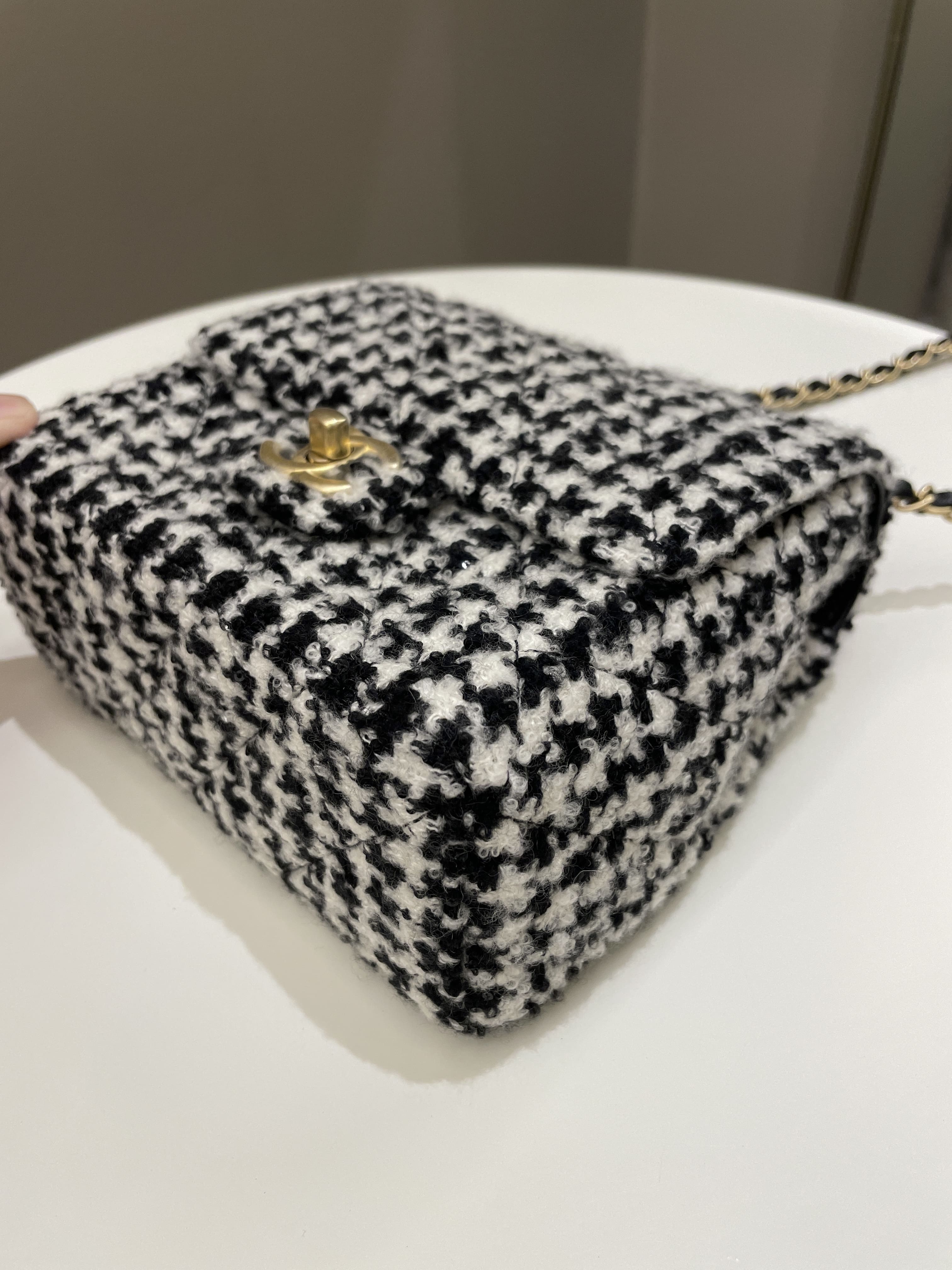 Chanel 22K Houndstooth Mini Square Black/ White Sequin Tweed