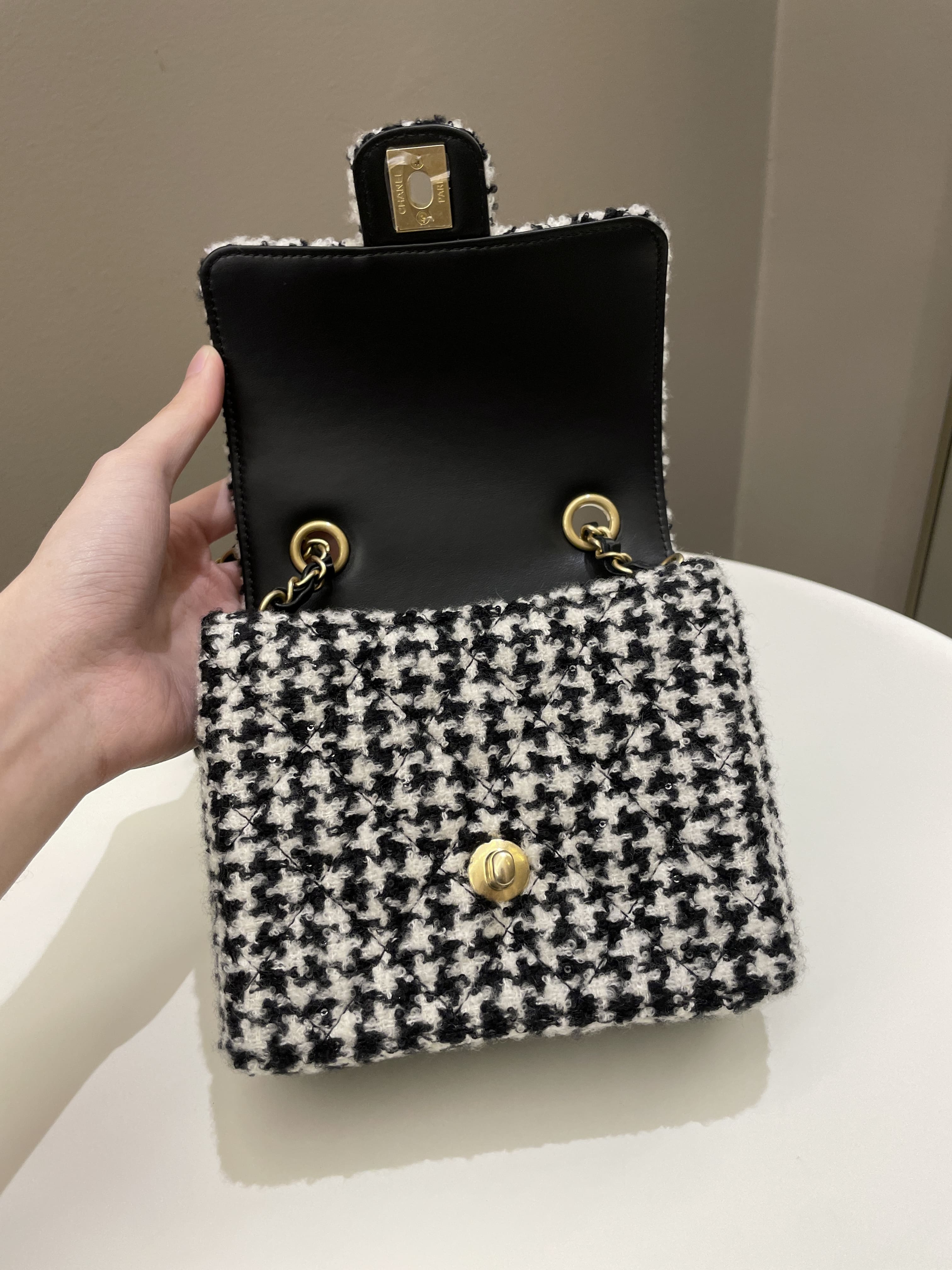 Chanel 22K Houndstooth Mini Square Black/ White Sequin Tweed