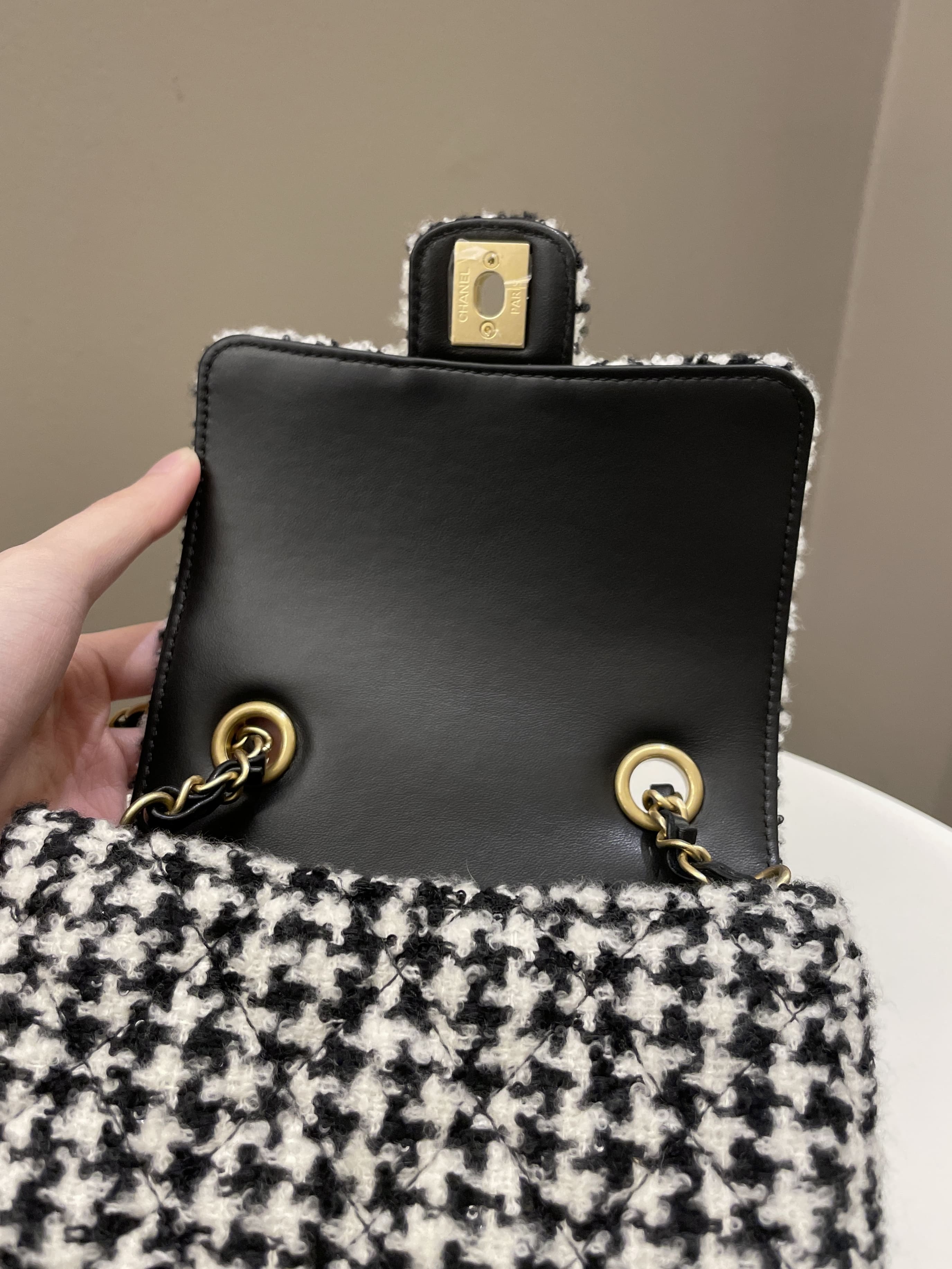 Chanel 22K Houndstooth Mini Square Black/ White Sequin Tweed