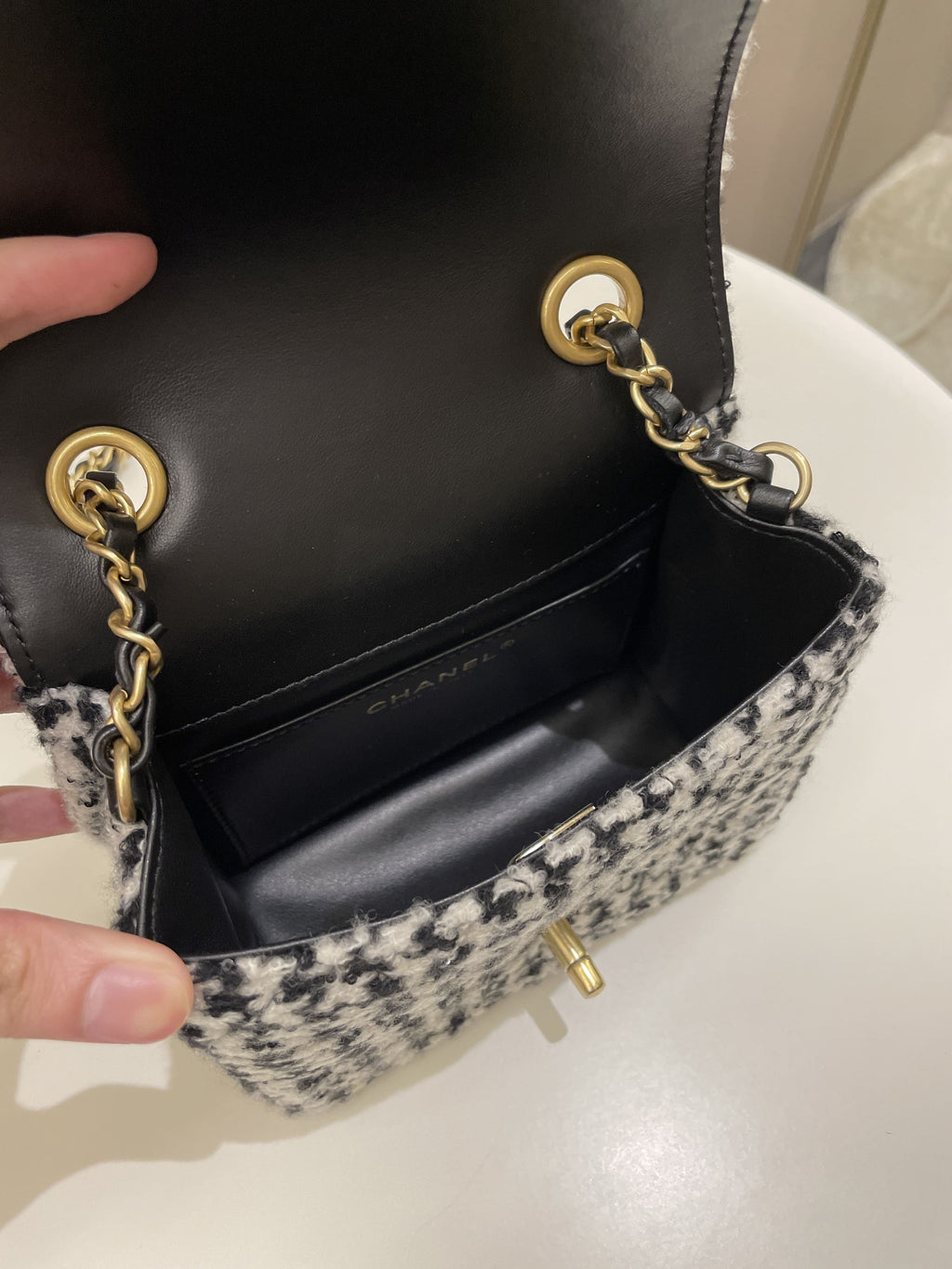 Chanel 22K Houndstooth Mini Square Black/ White Sequin Tweed