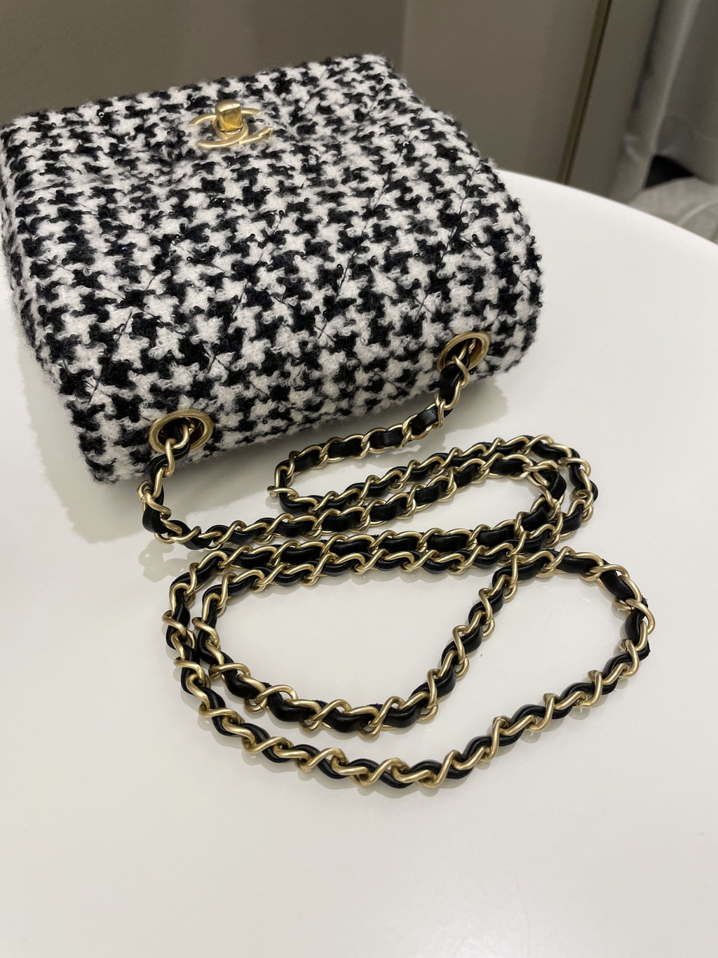 Chanel 22K Houndstooth Mini Square Black/ White Sequin Tweed