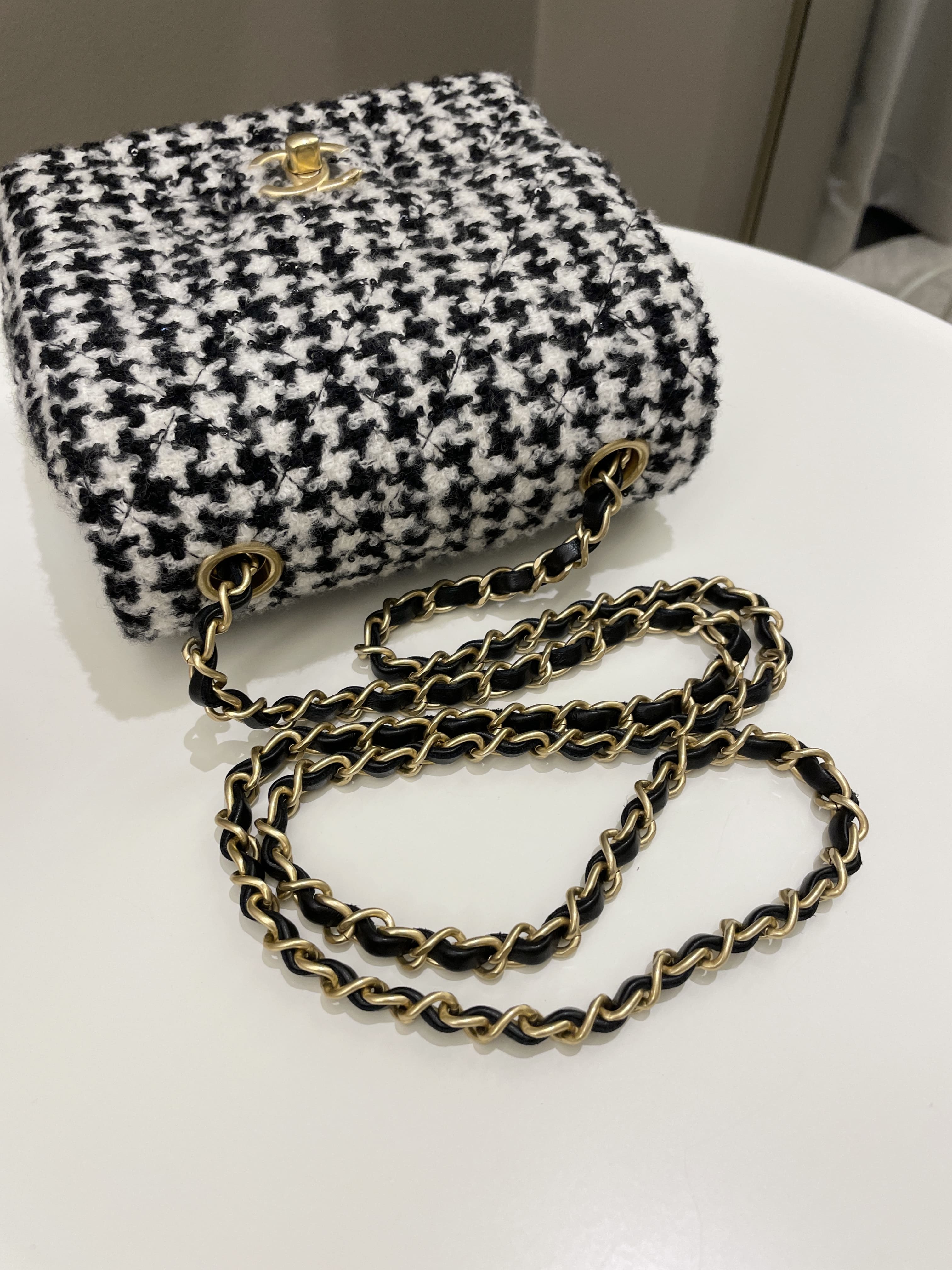 Chanel 22K Houndstooth Mini Square Black/ White Sequin Tweed
