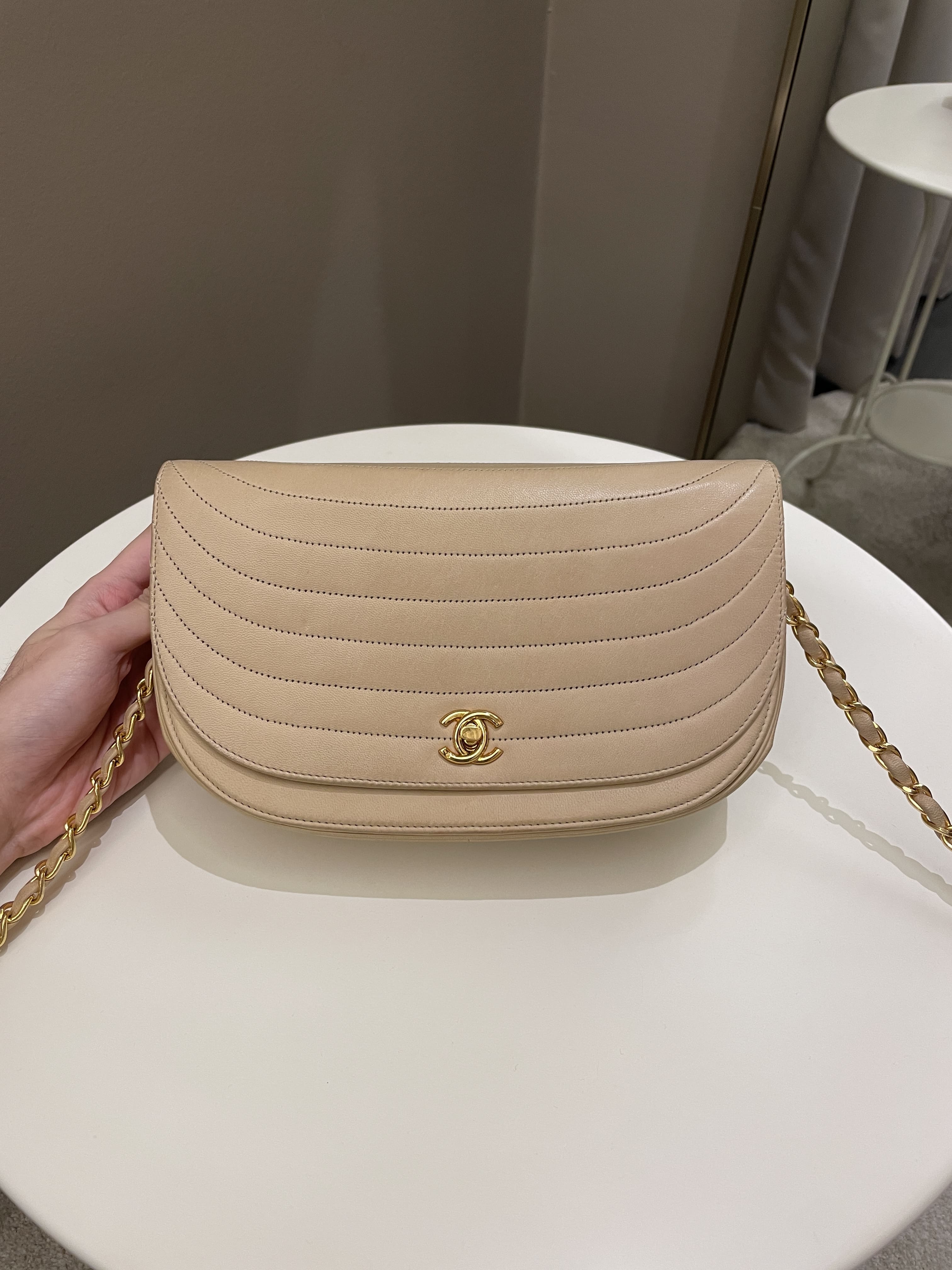 Chanel Vintage Half Moon Flap Bag Beige Lambskin