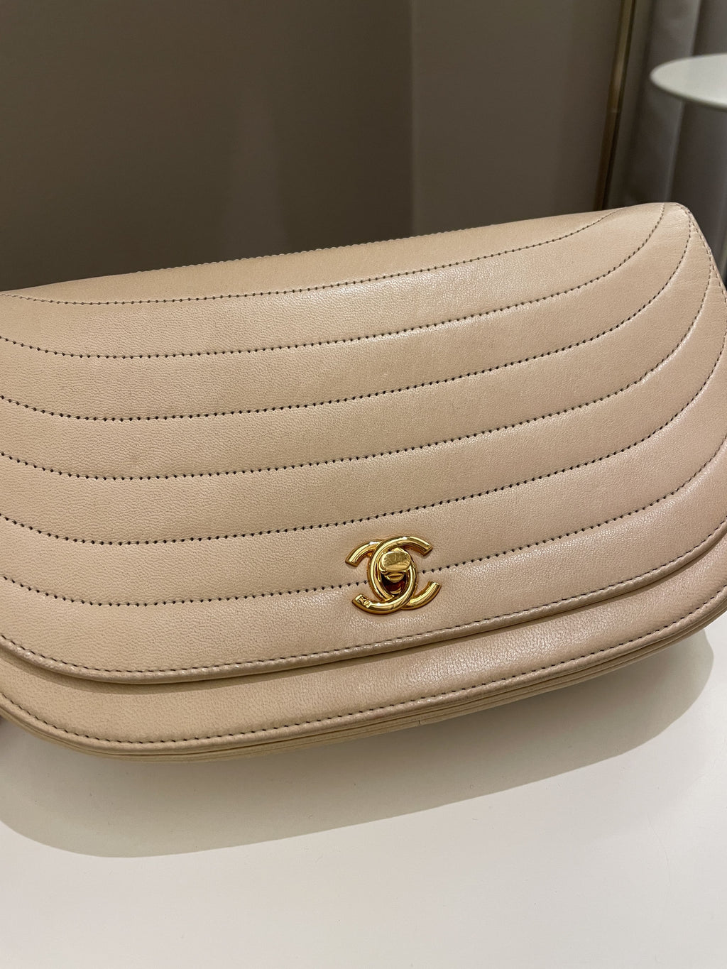 Chanel Vintage Half Moon Flap Bag Beige Lambskin