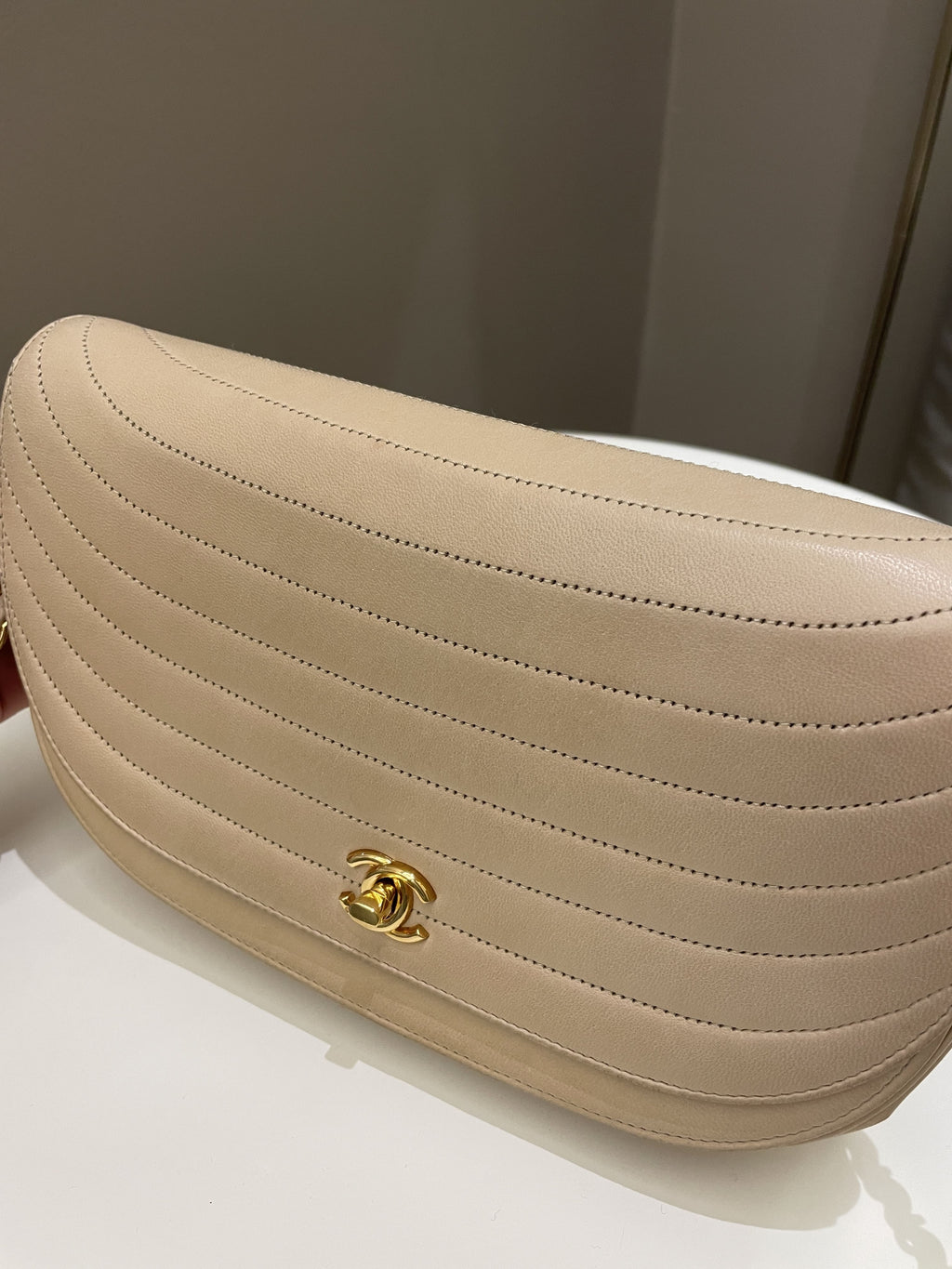 Chanel Vintage Half Moon Flap Bag Beige Lambskin