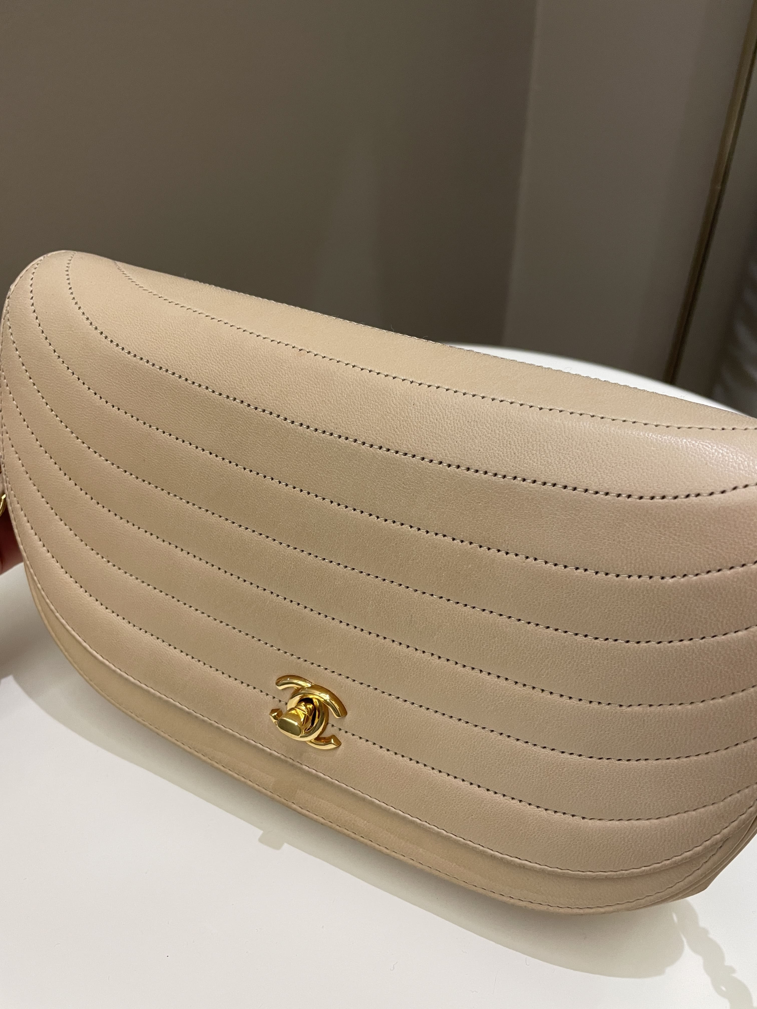 Chanel Vintage Half Moon Flap Bag Beige Lambskin