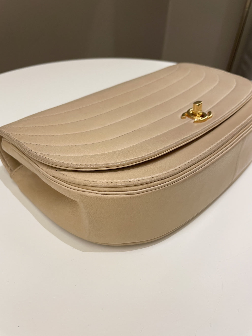 Chanel Vintage Half Moon Flap Bag Beige Lambskin