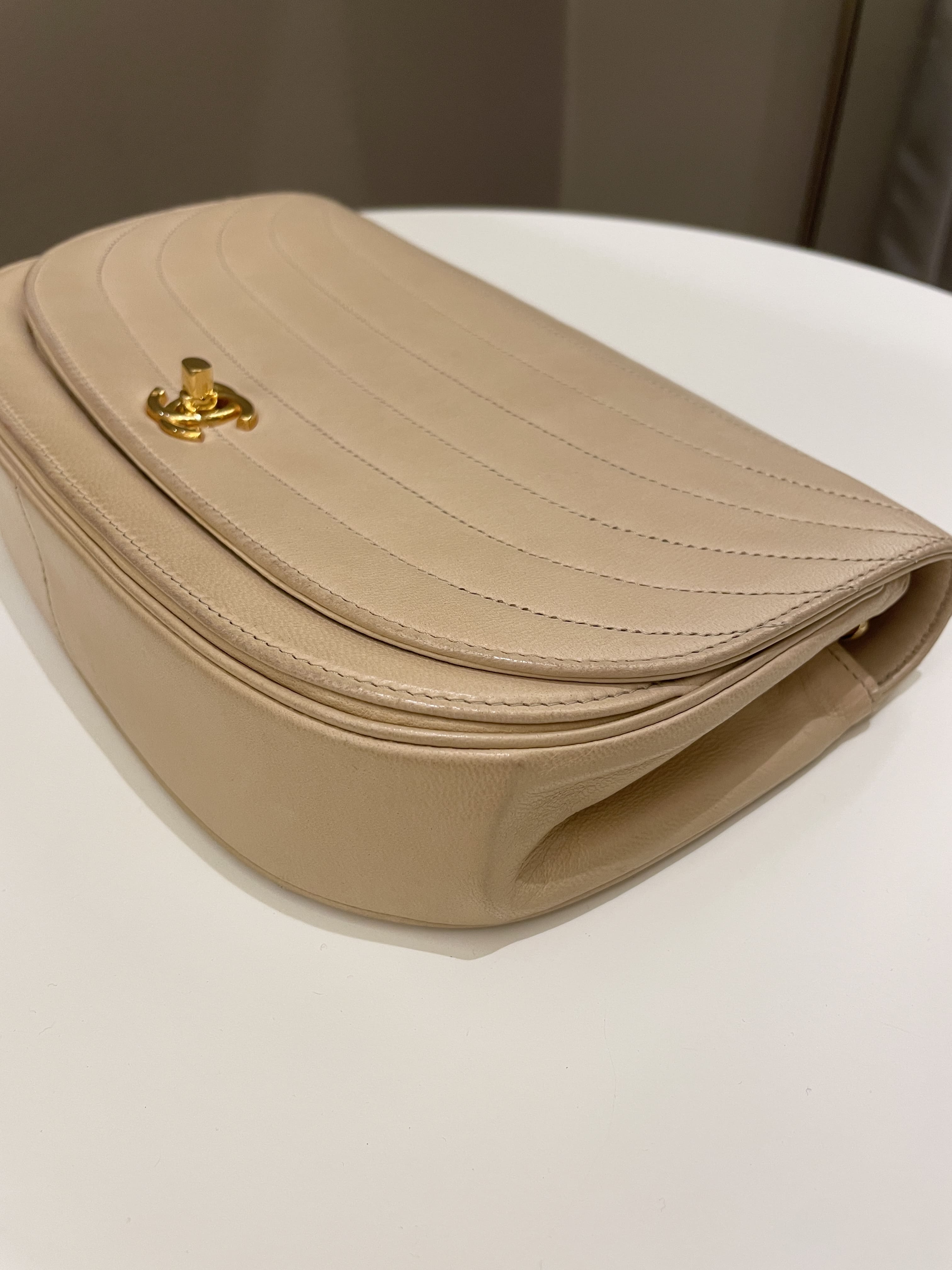 Chanel Vintage Half Moon Flap Bag Beige Lambskin