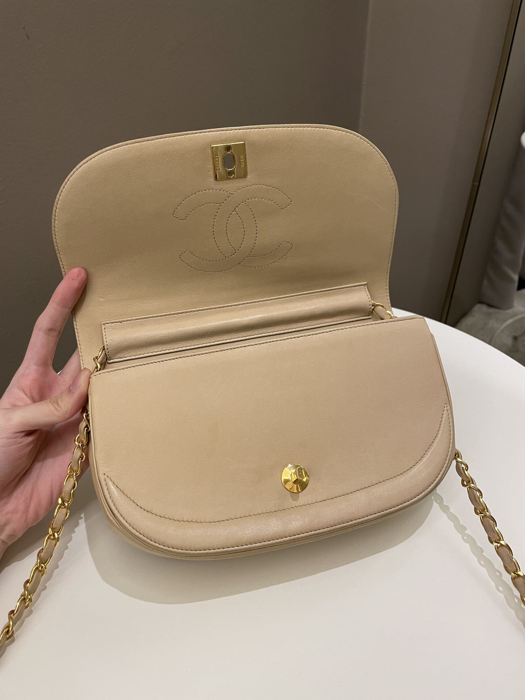 Chanel Vintage Half Moon Flap Bag Beige Lambskin