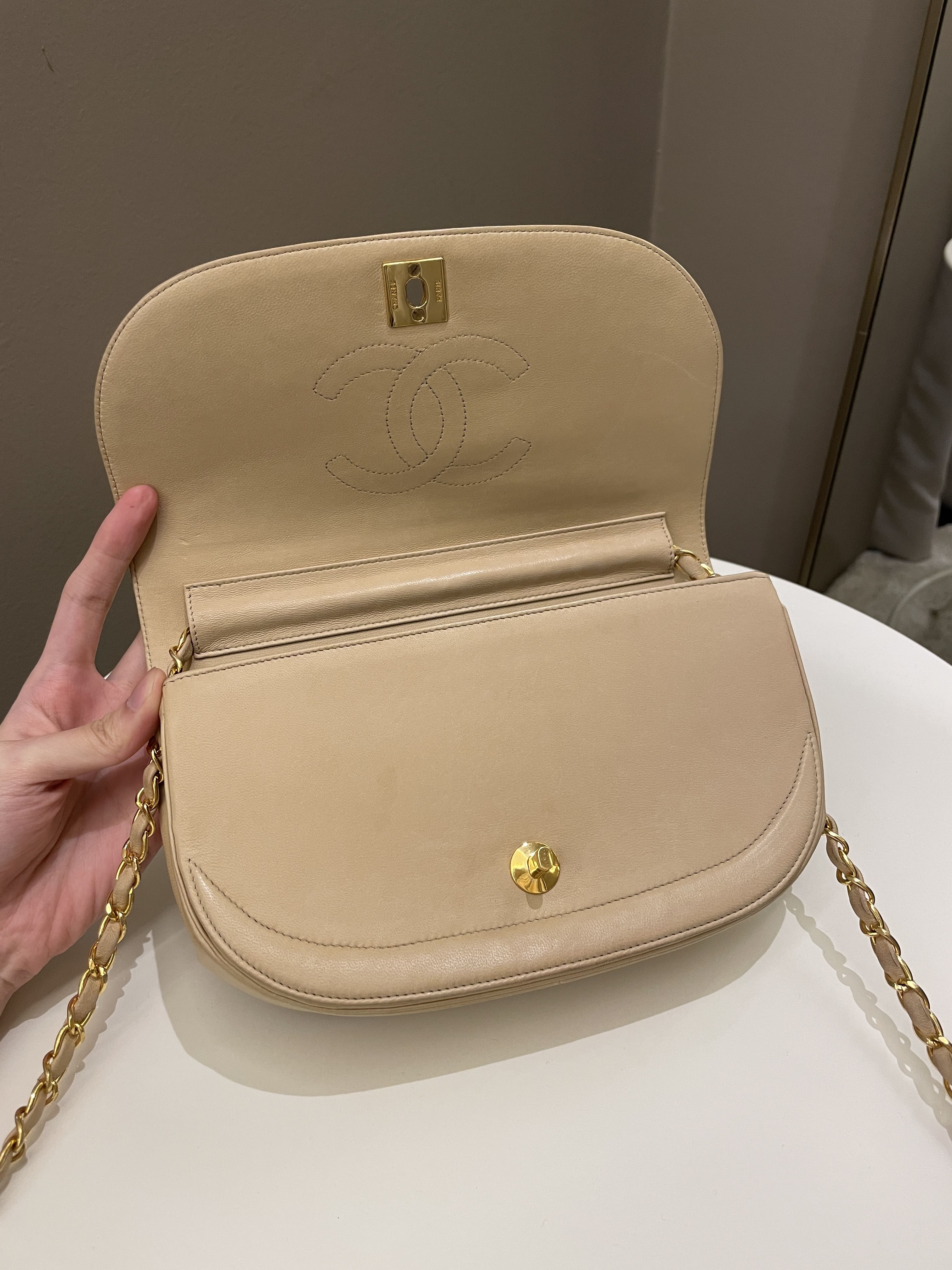 Chanel Vintage Half Moon Flap Bag Beige Lambskin