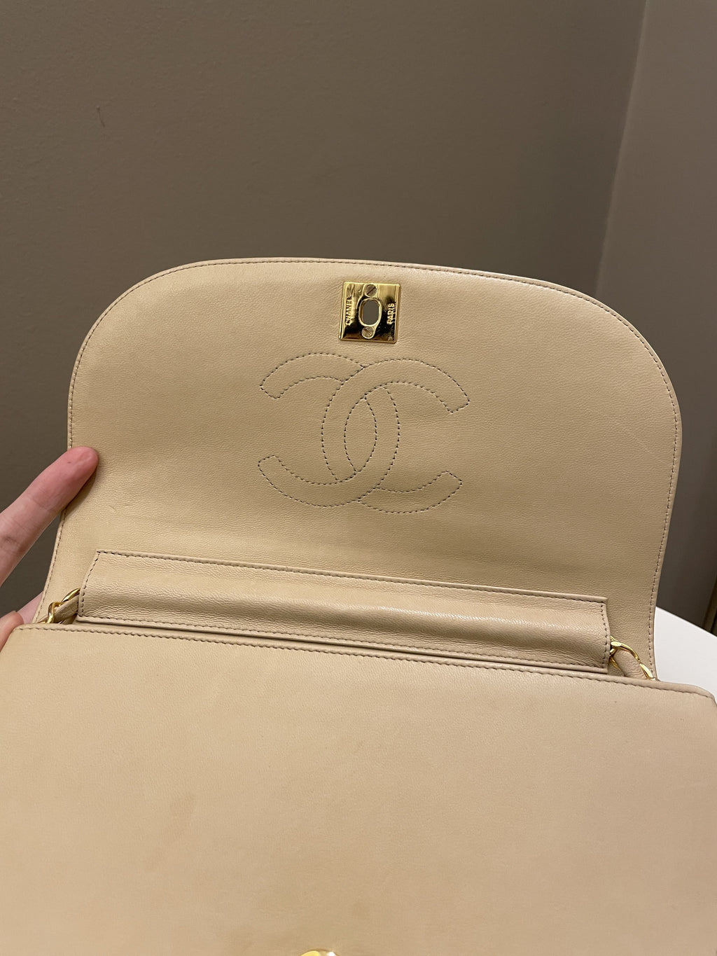 Chanel Vintage Half Moon Flap Bag Beige Lambskin