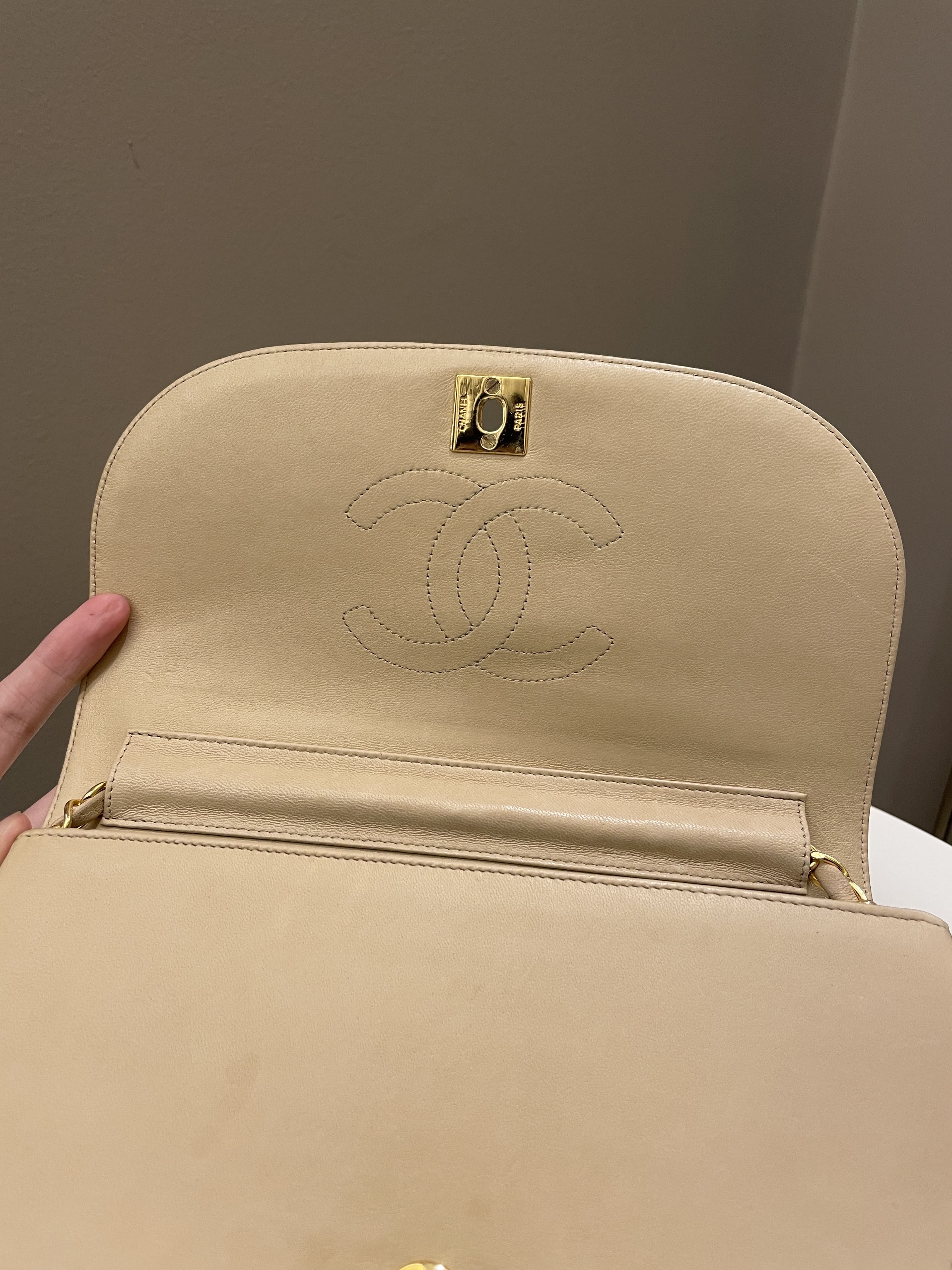 Chanel Vintage Half Moon Flap Bag Beige Lambskin