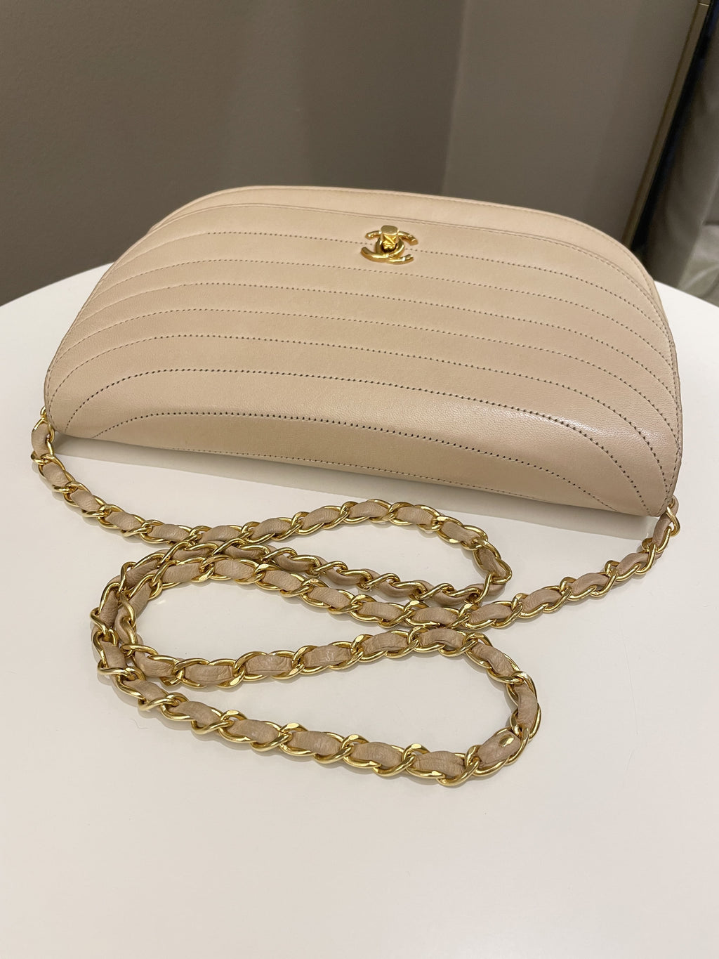 Chanel Vintage Half Moon Flap Bag Beige Lambskin