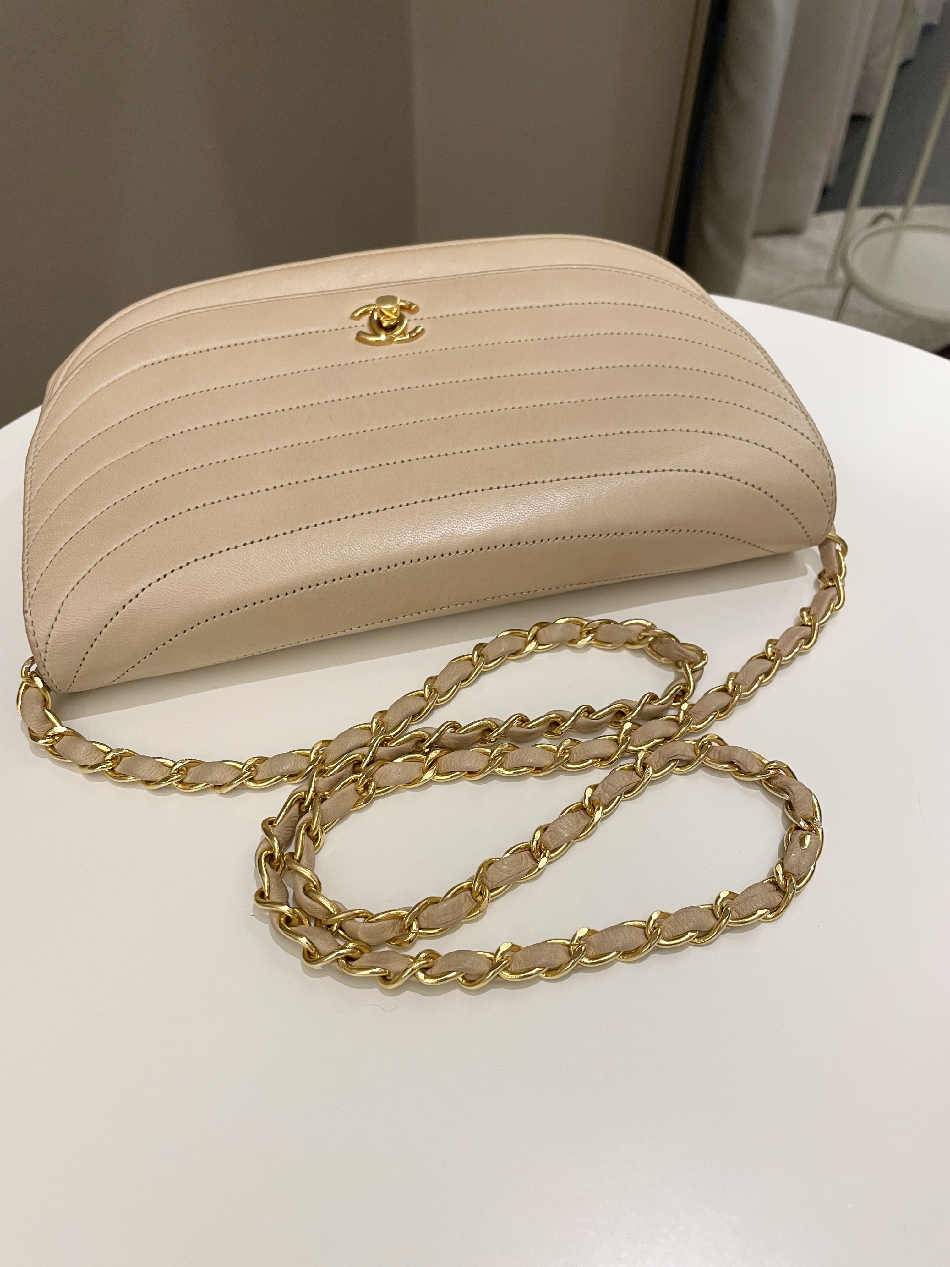 Chanel Vintage Half Moon Flap Bag Beige Lambskin