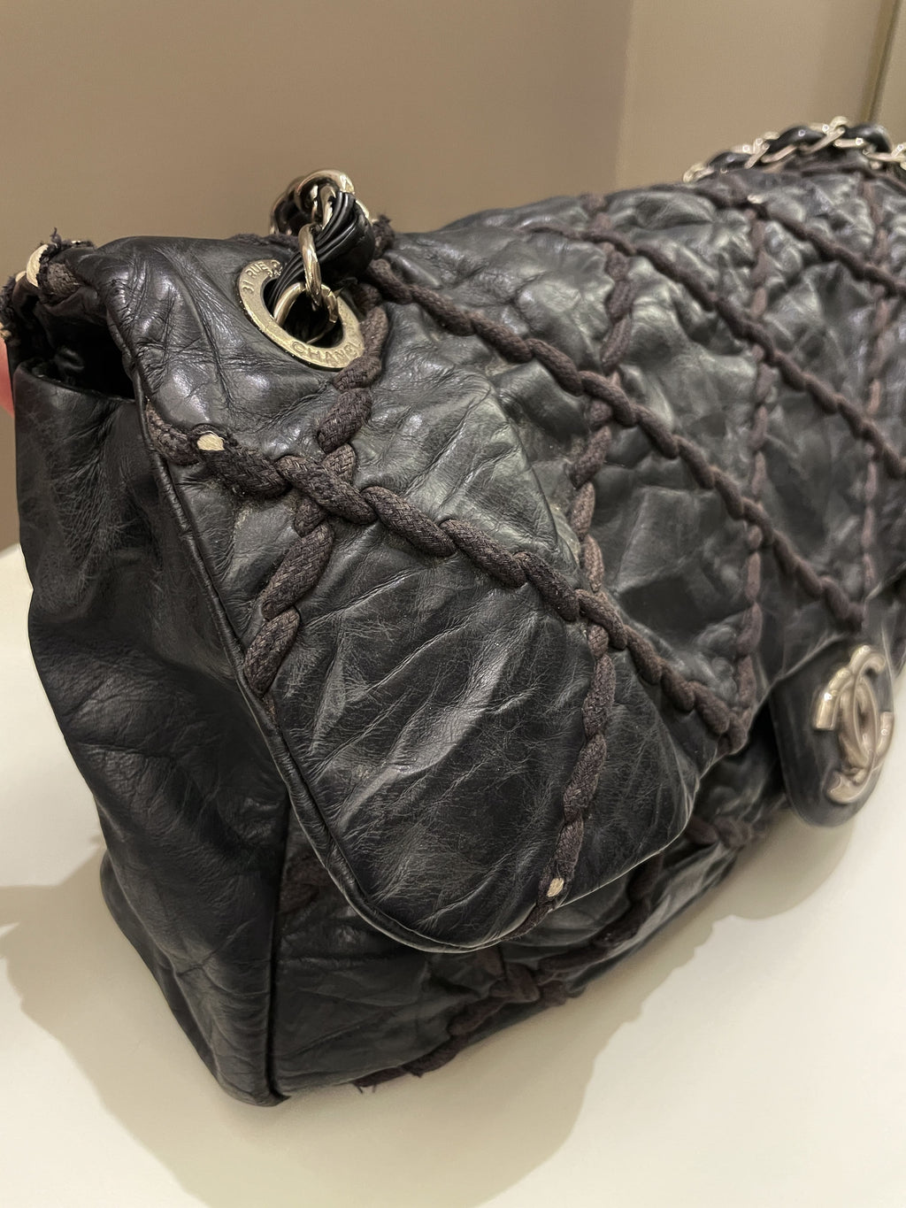 Chanel Ultra Stitch Classic Flap Black Distressed Leather