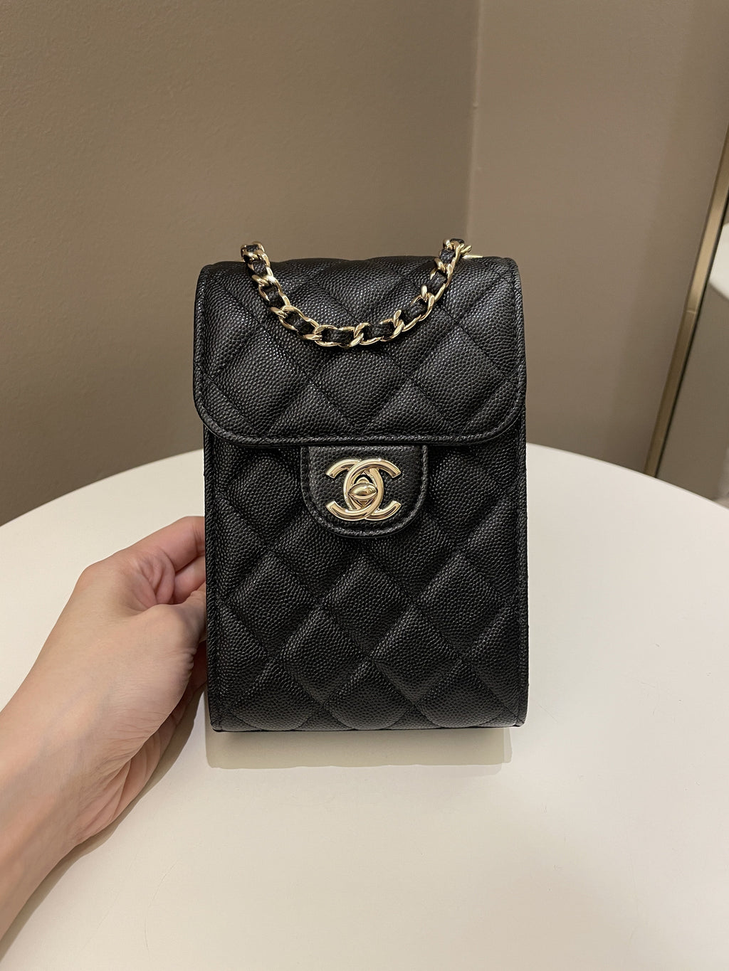 Chanel Quilted Cc Vertical Phone Clutch On Chain Black Caviar