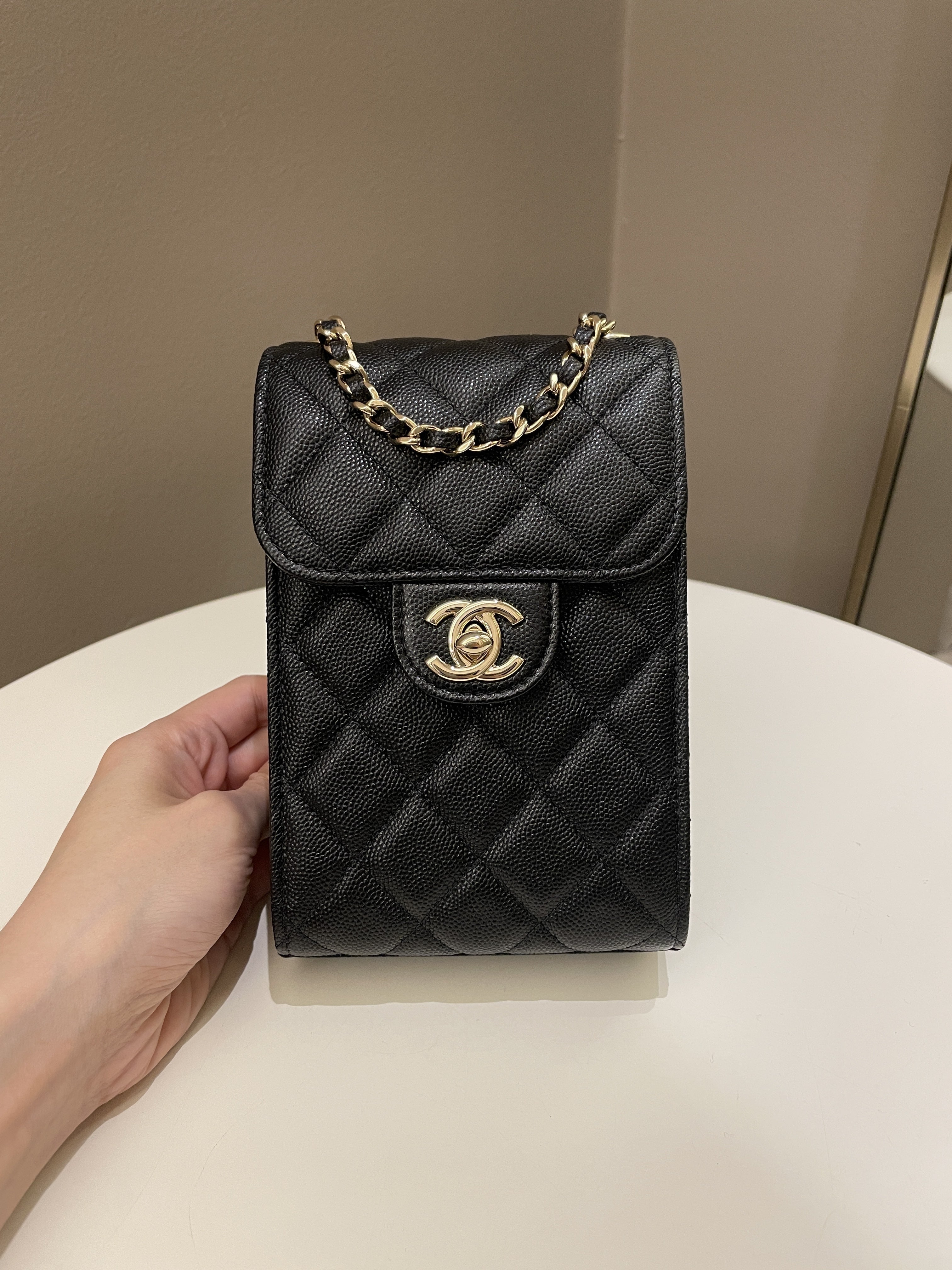 Chanel Quilted Cc Vertical Phone Clutch On Chain Black Caviar