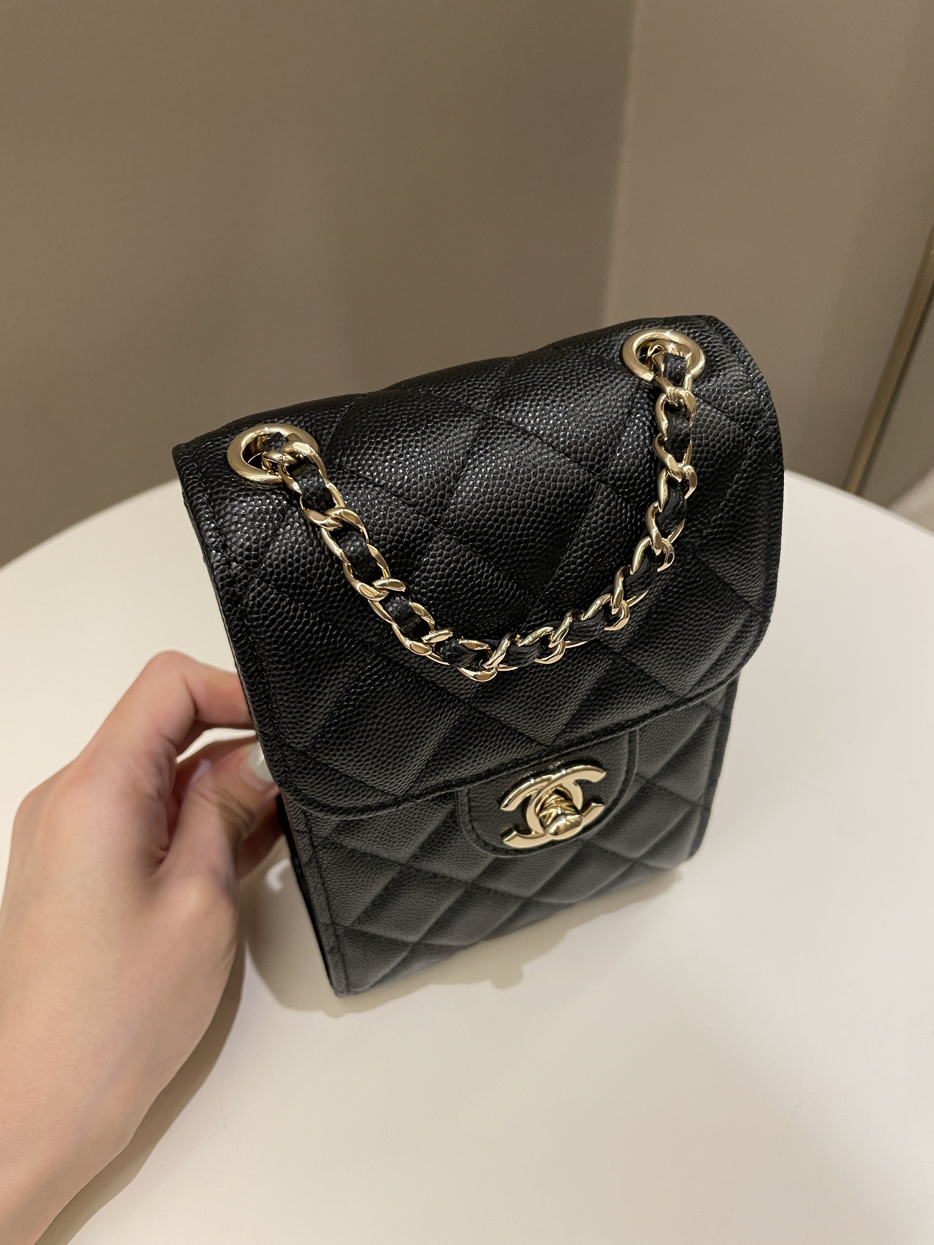 Chanel Quilted Cc Vertical Phone Clutch On Chain Black Caviar