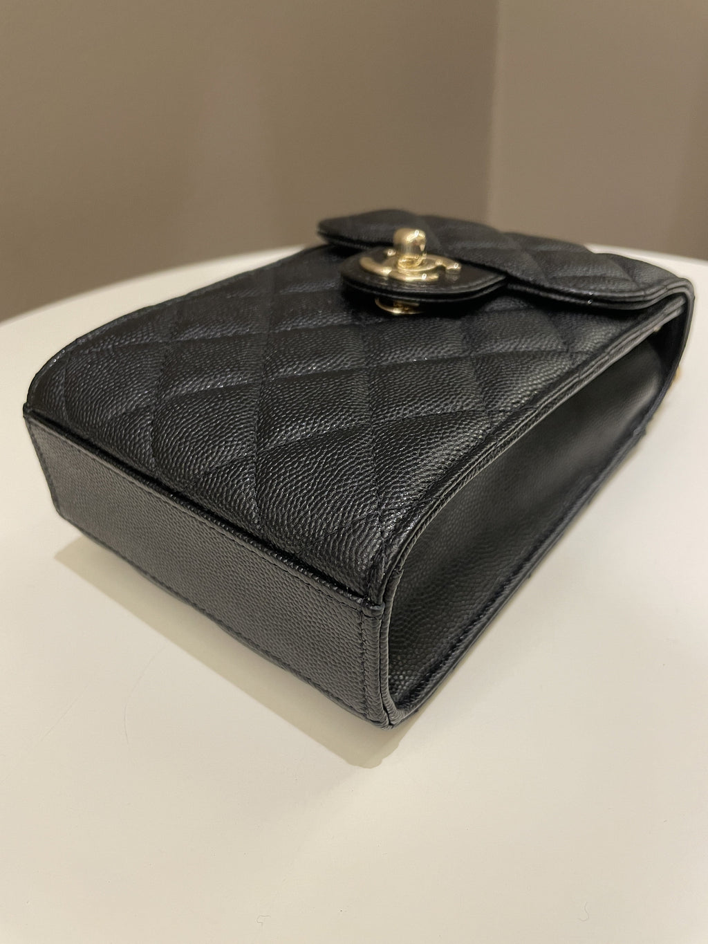 Chanel Quilted Cc Vertical Phone Clutch On Chain Black Caviar