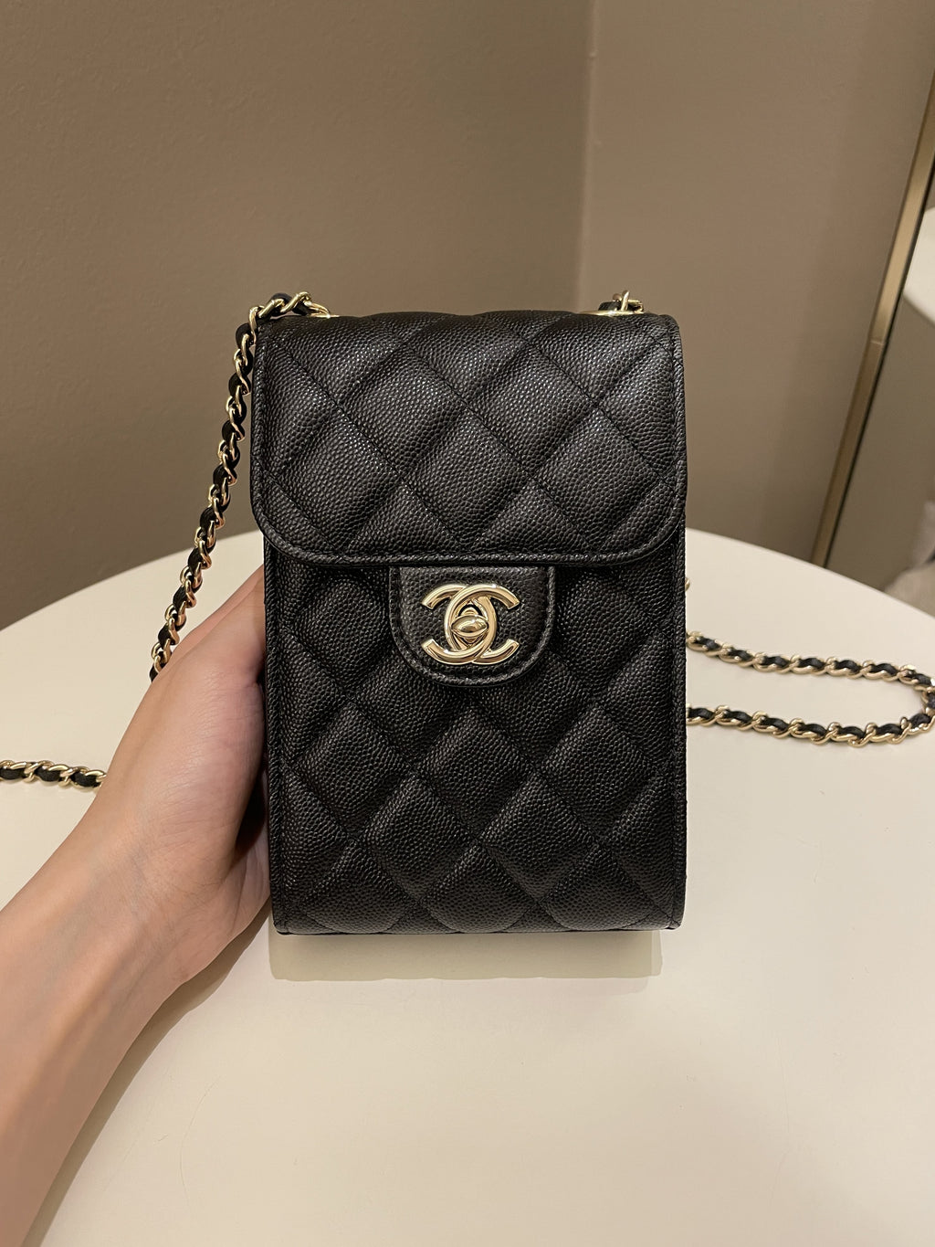 Chanel Quilted Cc Vertical Phone Clutch On Chain Black Caviar