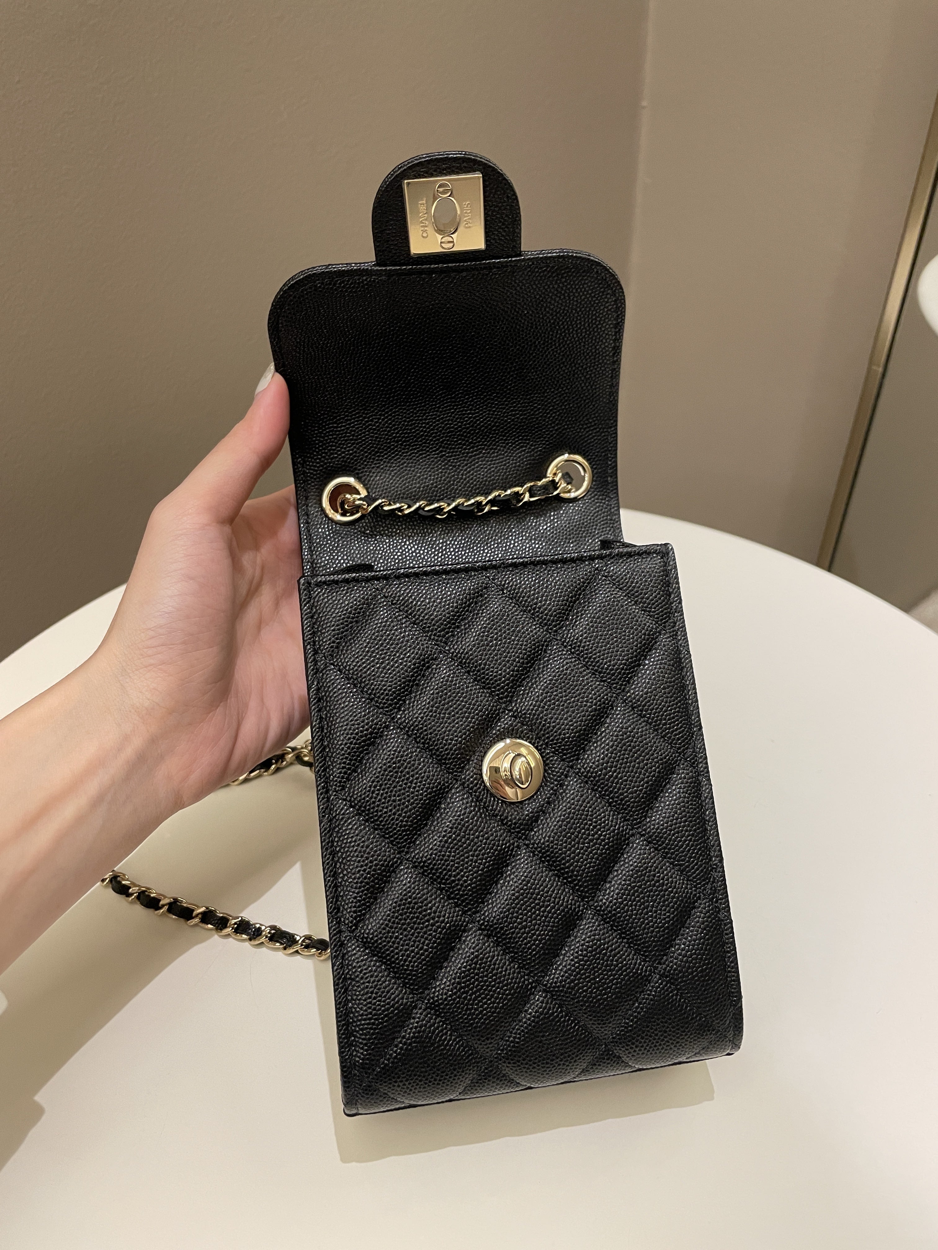 Chanel Quilted Cc Vertical Phone Clutch On Chain Black Caviar