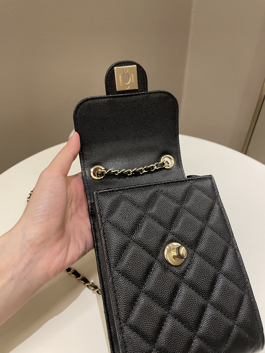 Chanel Quilted Cc Vertical Phone Clutch On Chain Black Caviar