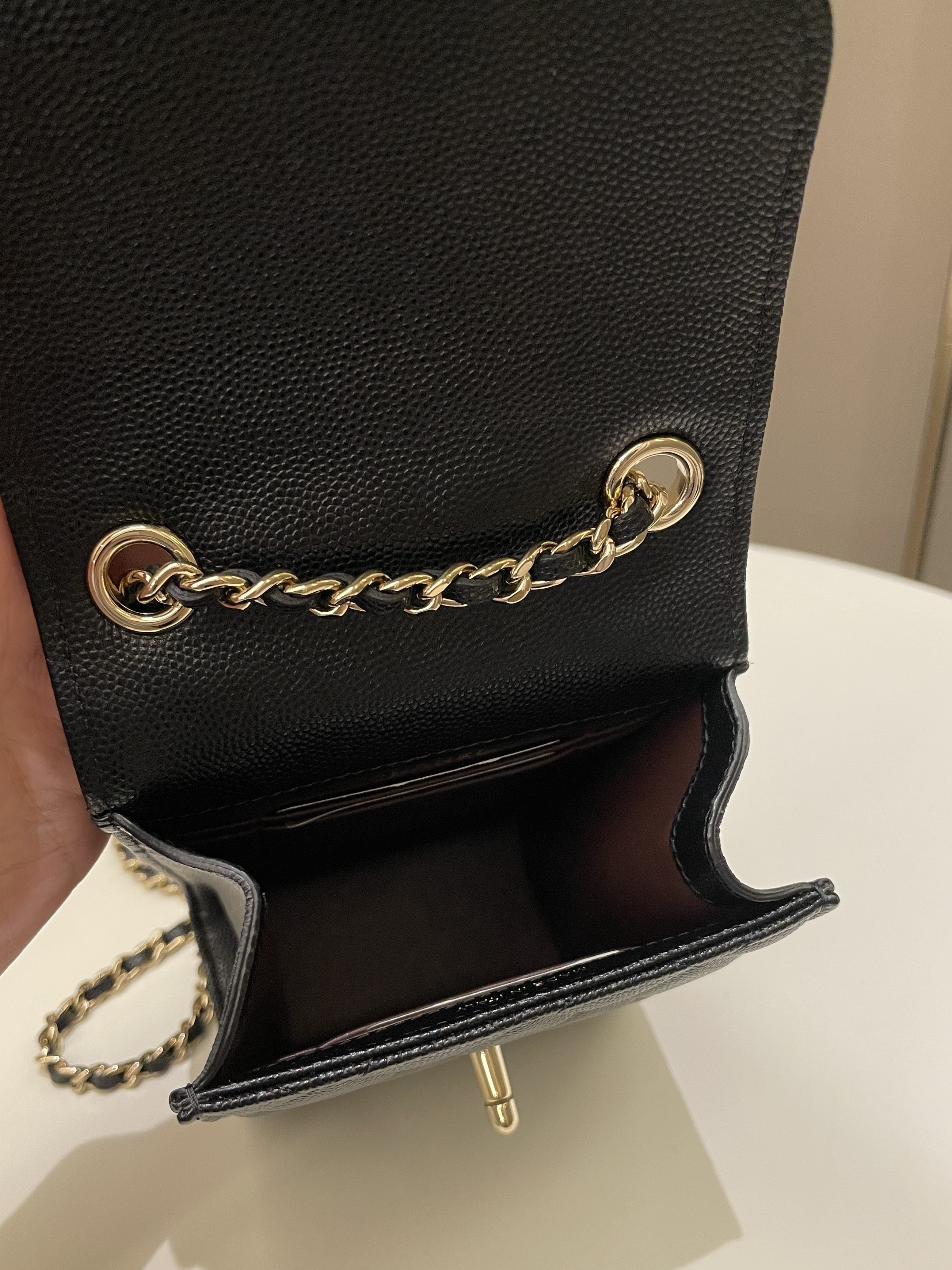 Chanel Quilted Cc Vertical Phone Clutch On Chain Black Caviar