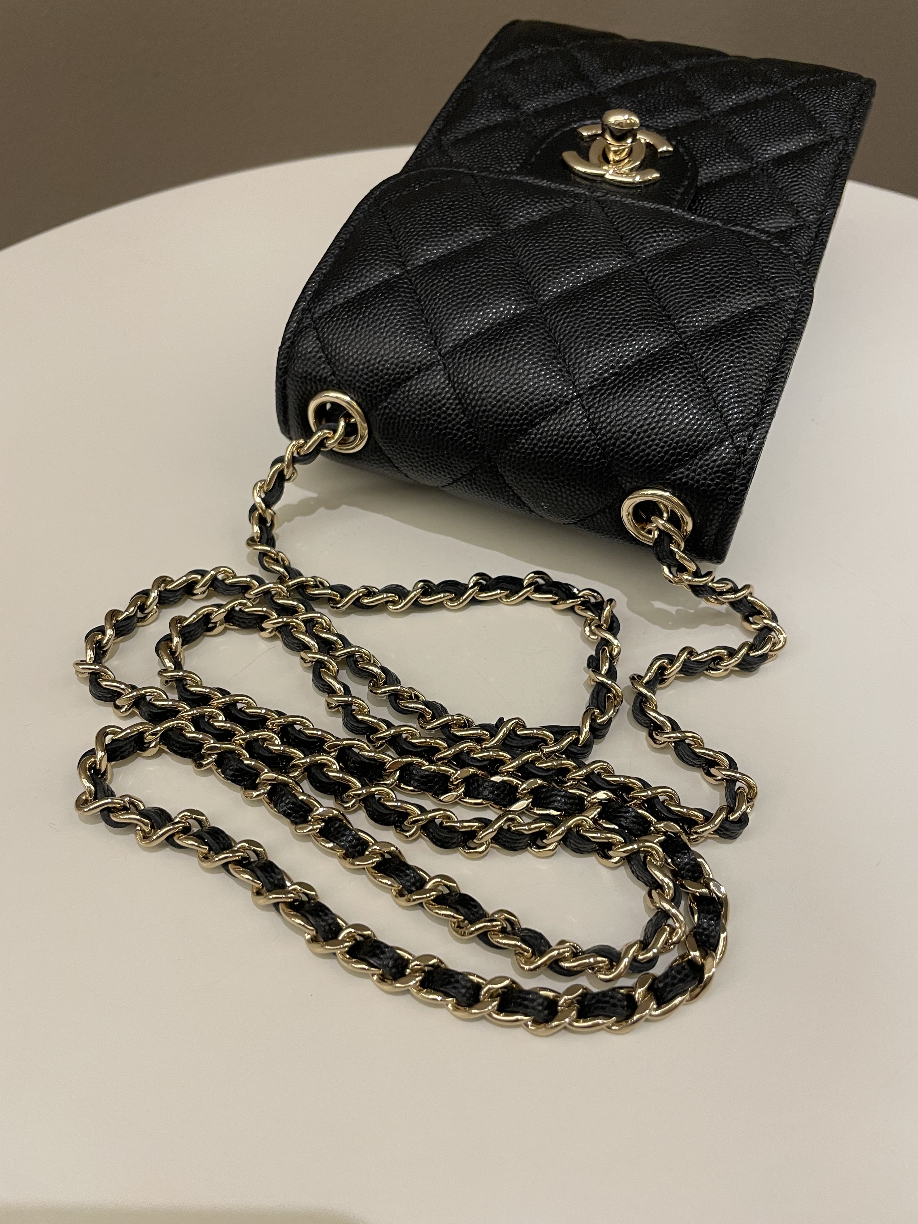 Chanel Quilted Cc Vertical Phone Clutch On Chain Black Caviar