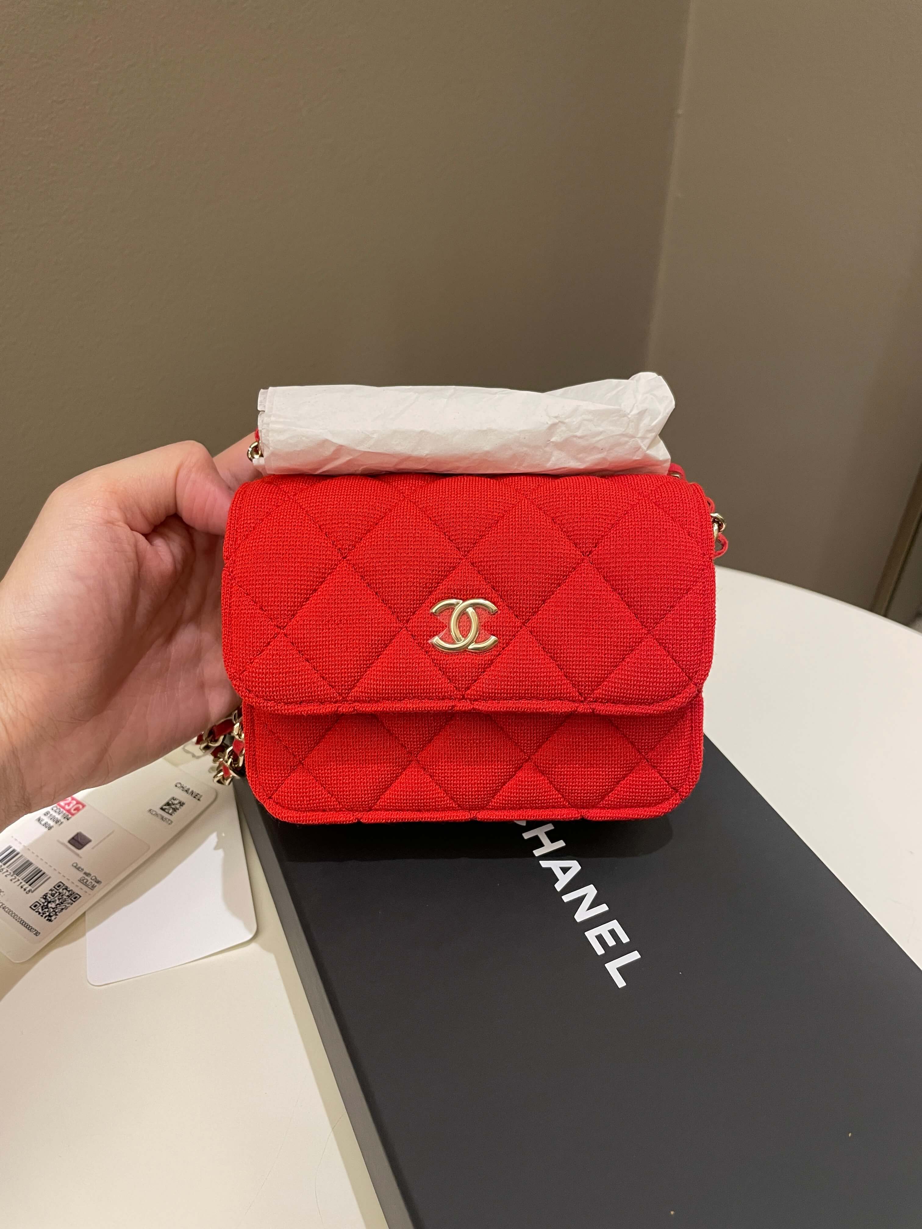 Chanel 23C Quilted VIP Clutch On Chain Red Pink Jersey