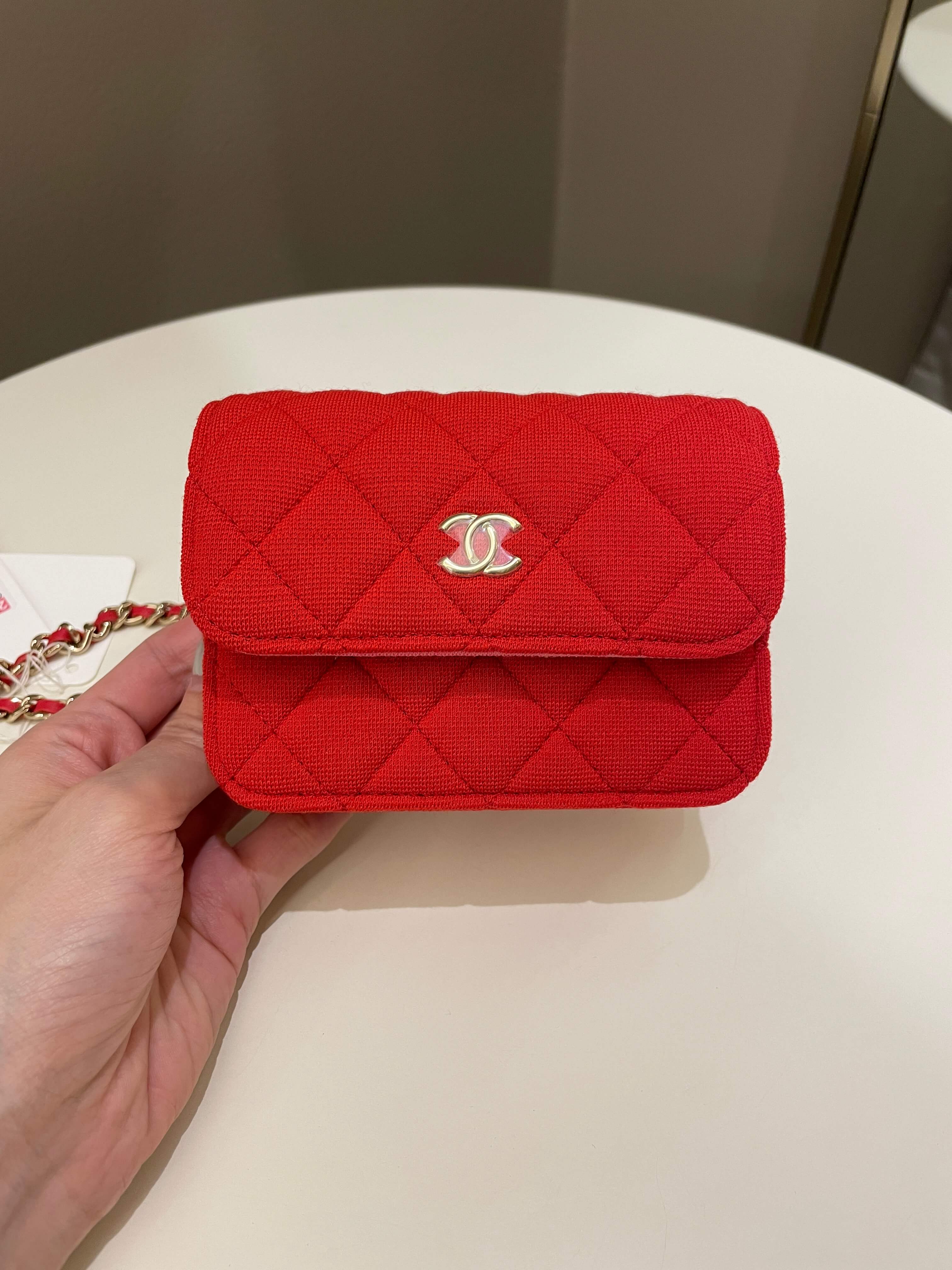 Chanel 23C Quilted VIP Clutch On Chain Red Pink Jersey
