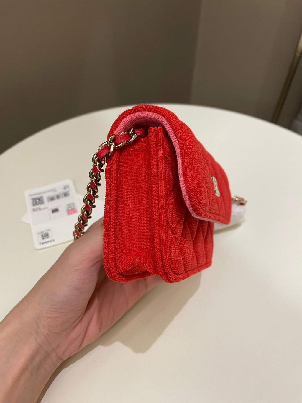 Chanel 23C Quilted VIP Clutch On Chain Red Pink Jersey