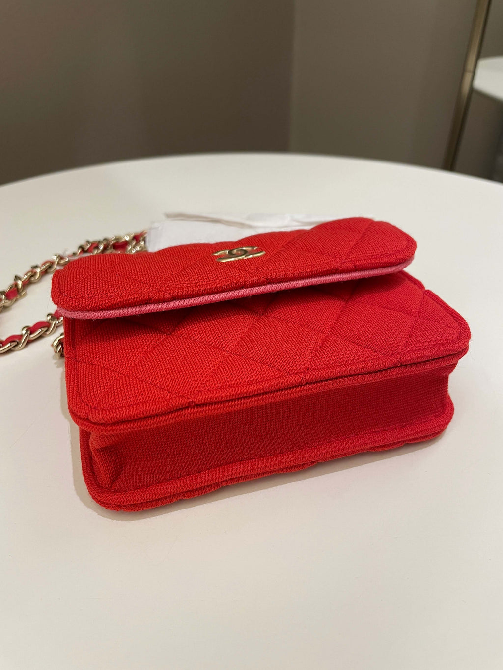 Chanel 23C Quilted VIP Clutch On Chain Red Pink Jersey
