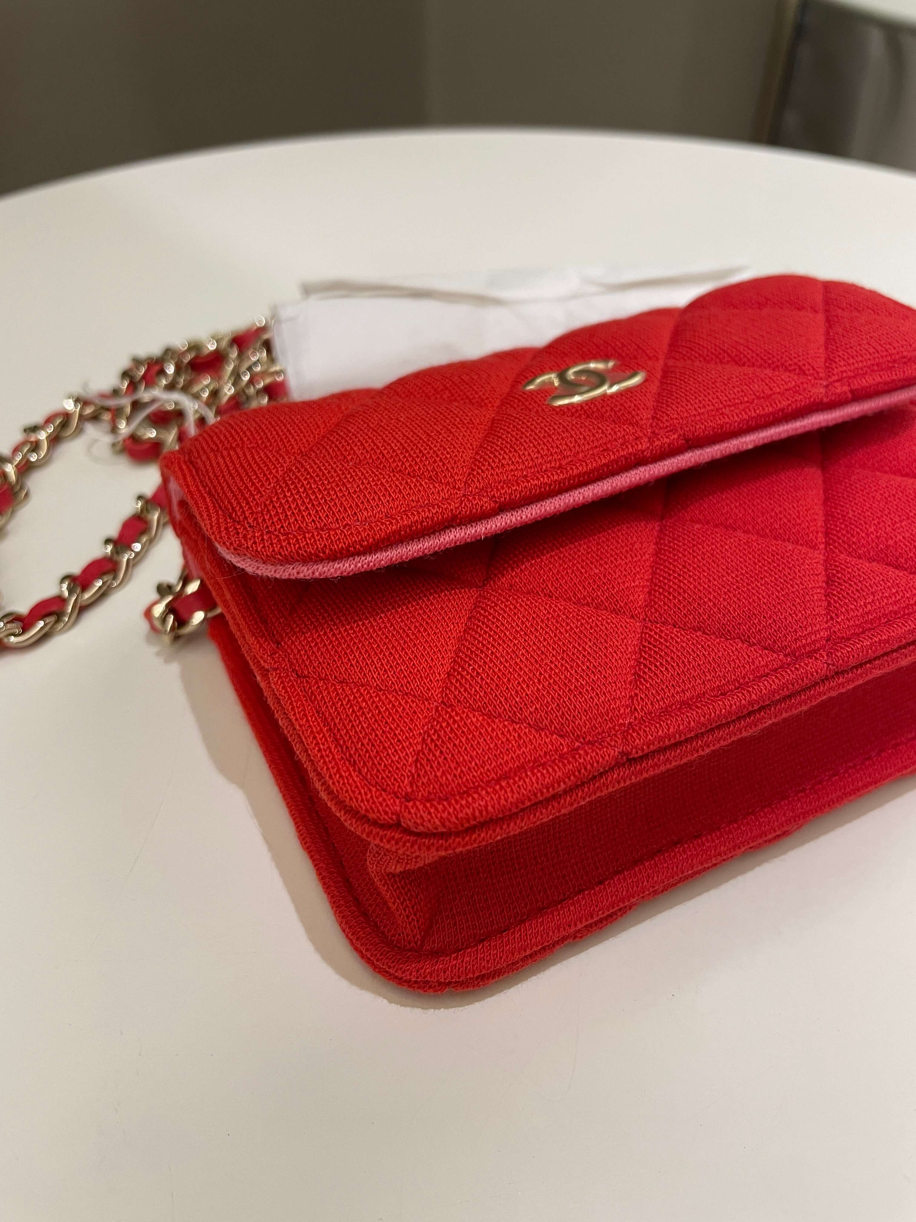 Chanel 23C Quilted VIP Clutch On Chain Red Pink Jersey