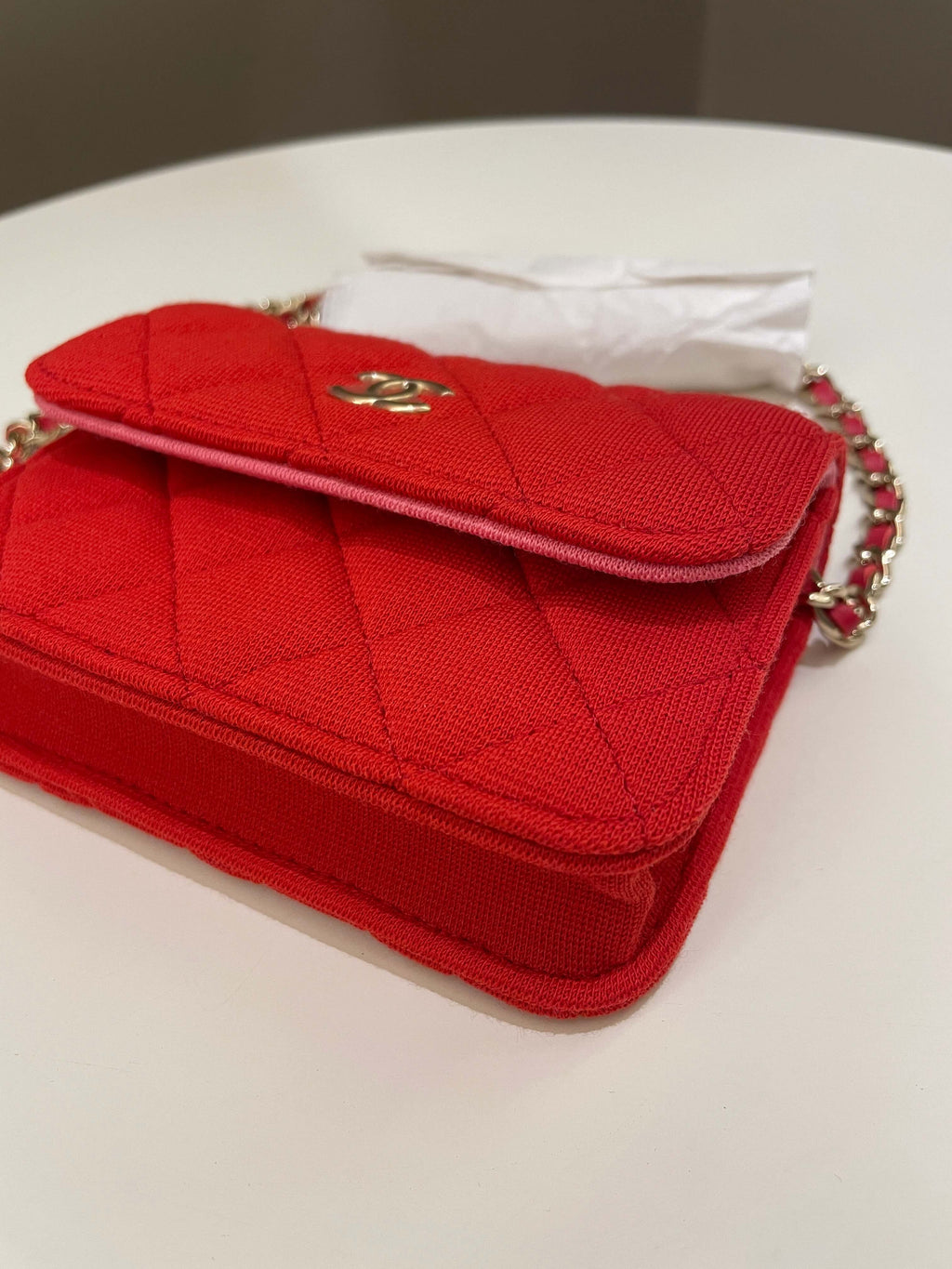 Chanel 23C Quilted VIP Clutch On Chain Red Pink Jersey