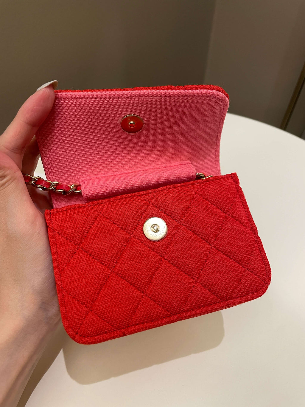Chanel 23C Quilted VIP Clutch On Chain Red Pink Jersey