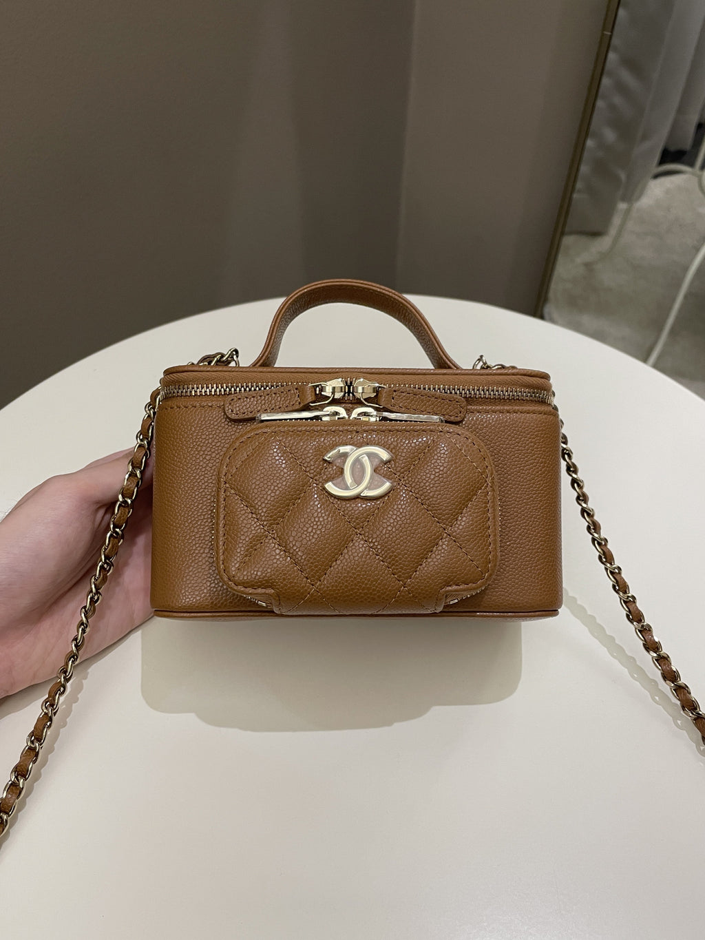 Chanel 23P Business Affinity Top Handle Vanity Rectangular Tan Caviar