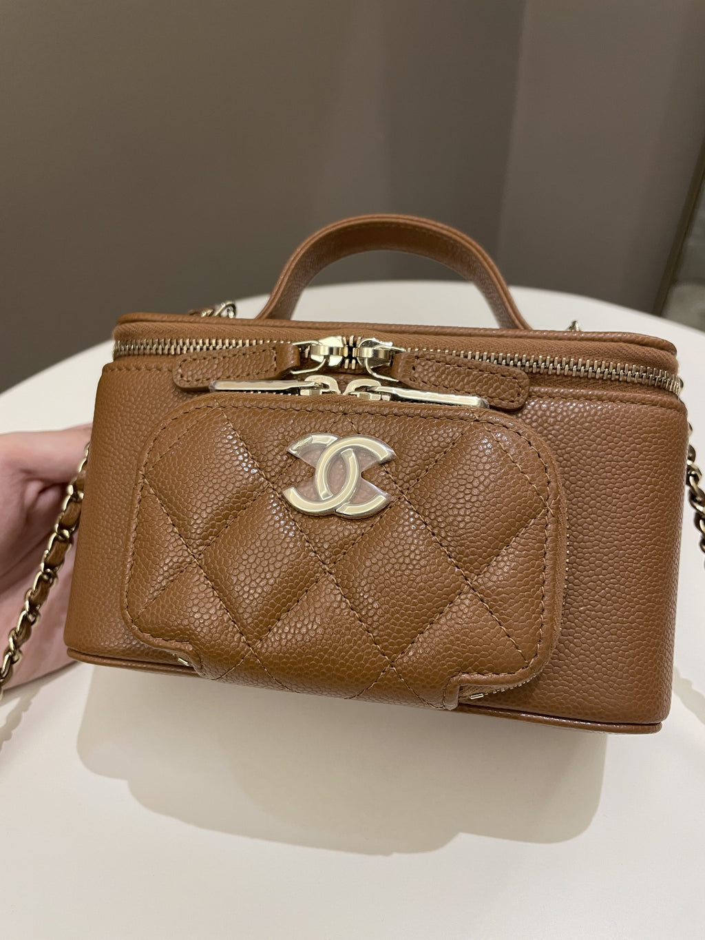 Chanel 23P Business Affinity Top Handle Vanity Rectangular Tan Caviar