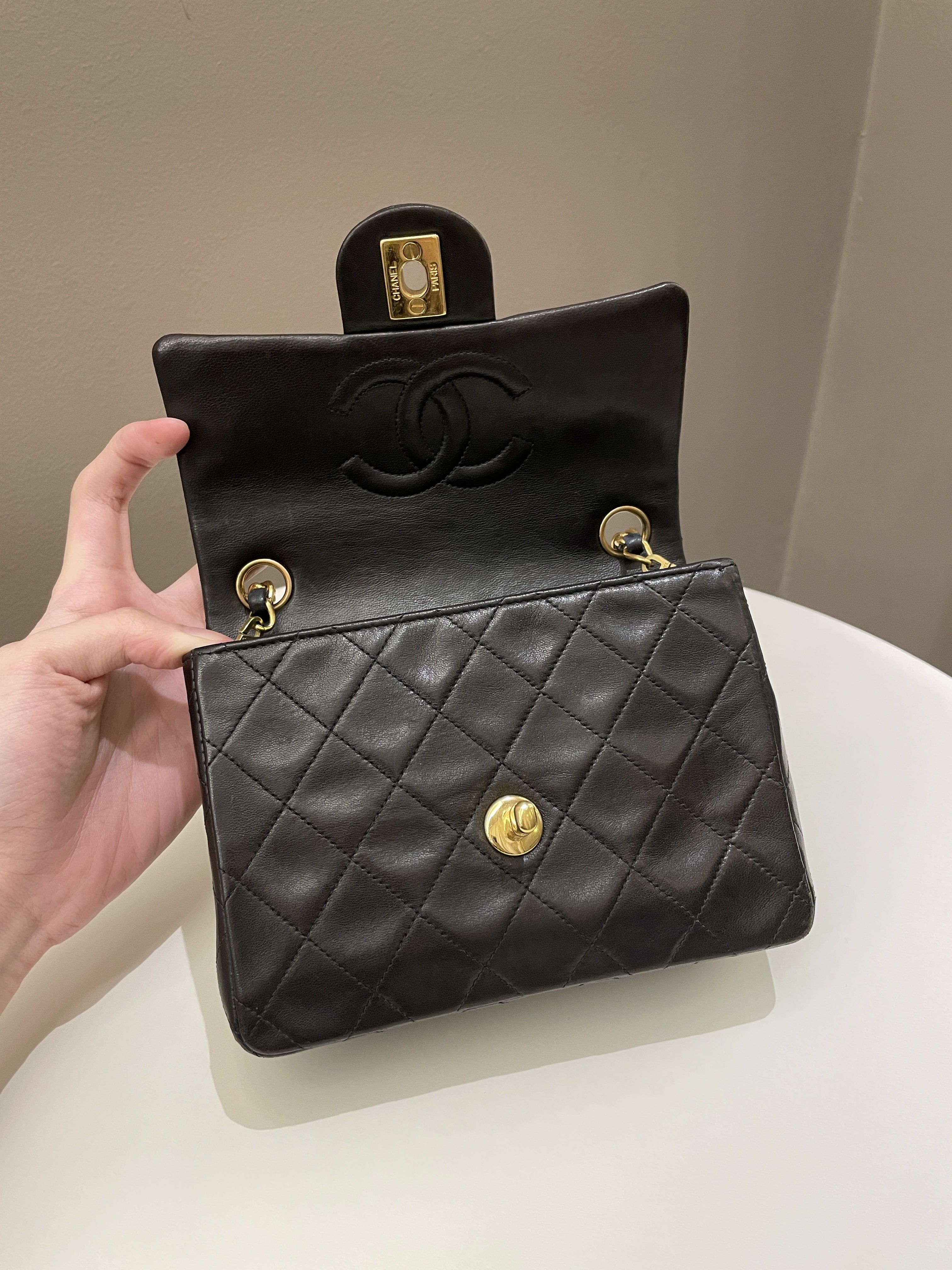 Chanel Vintage Classic Quilted Mini Square Black Lambskin