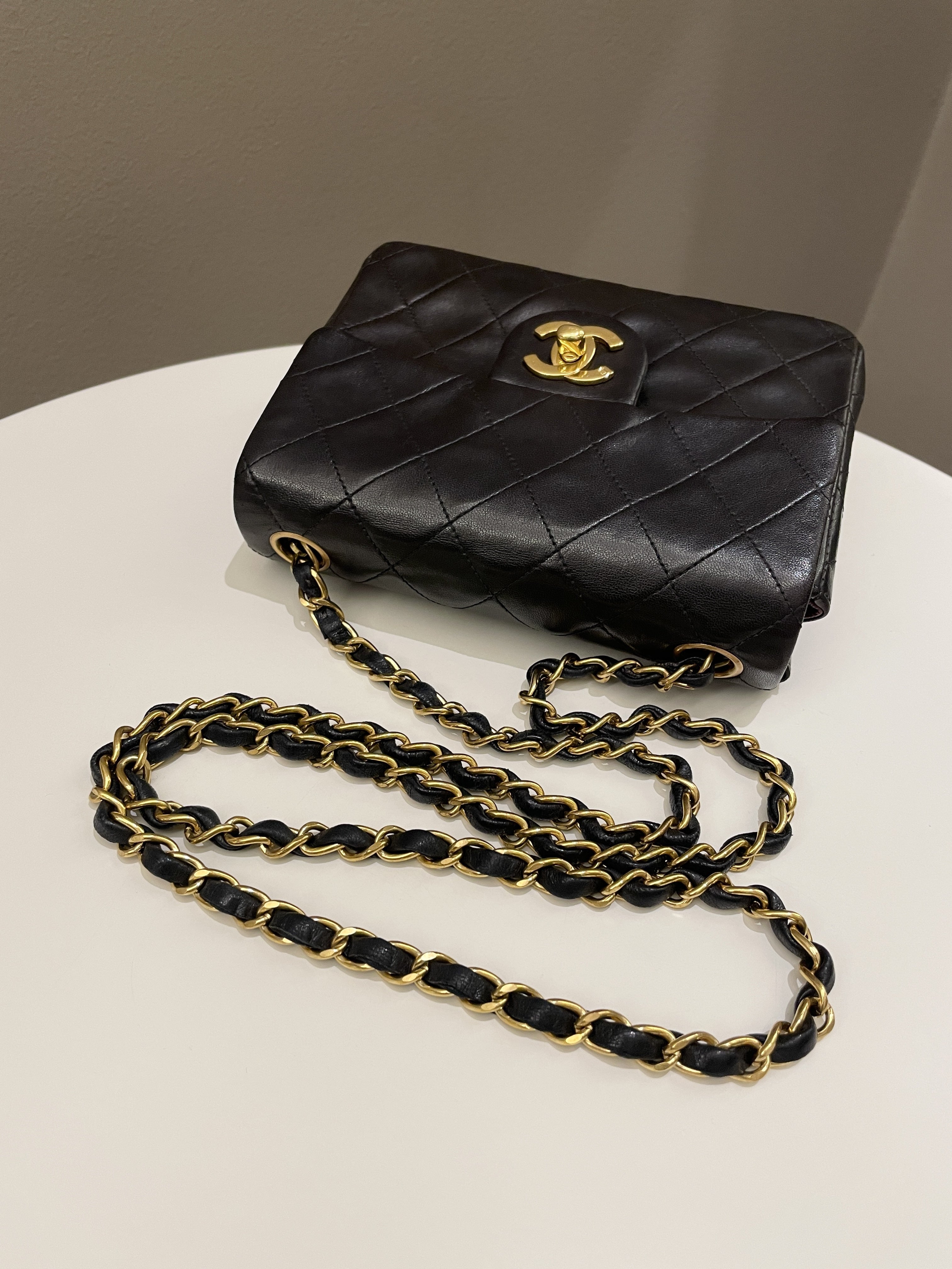 Chanel Vintage Classic Quilted Mini Square Black Lambskin