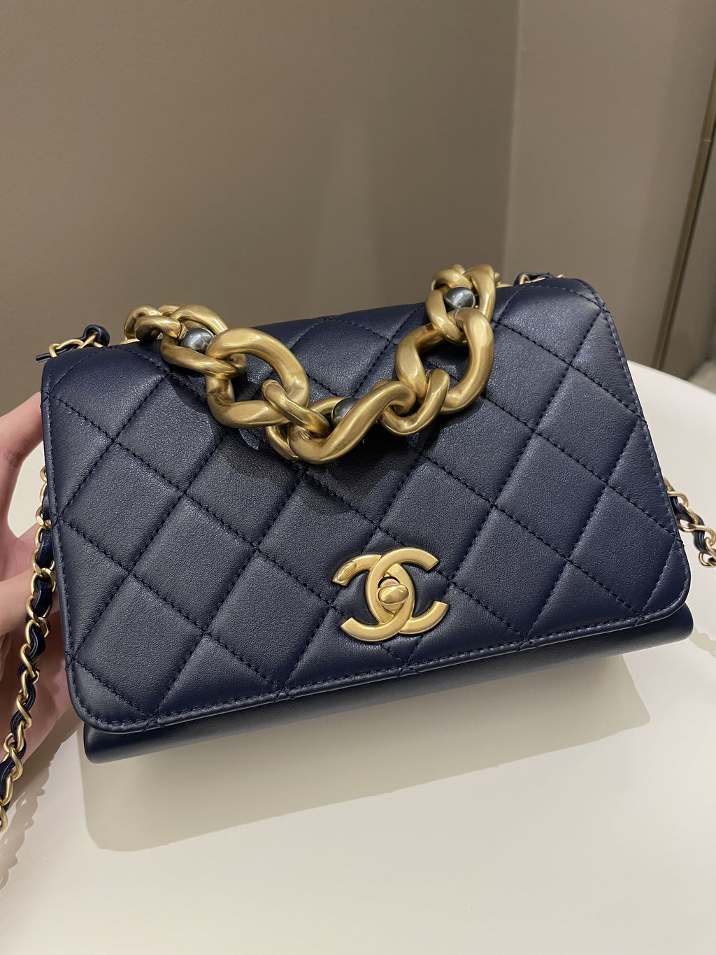 Chanel Chain Top Accordian Bag Navy Calfskin