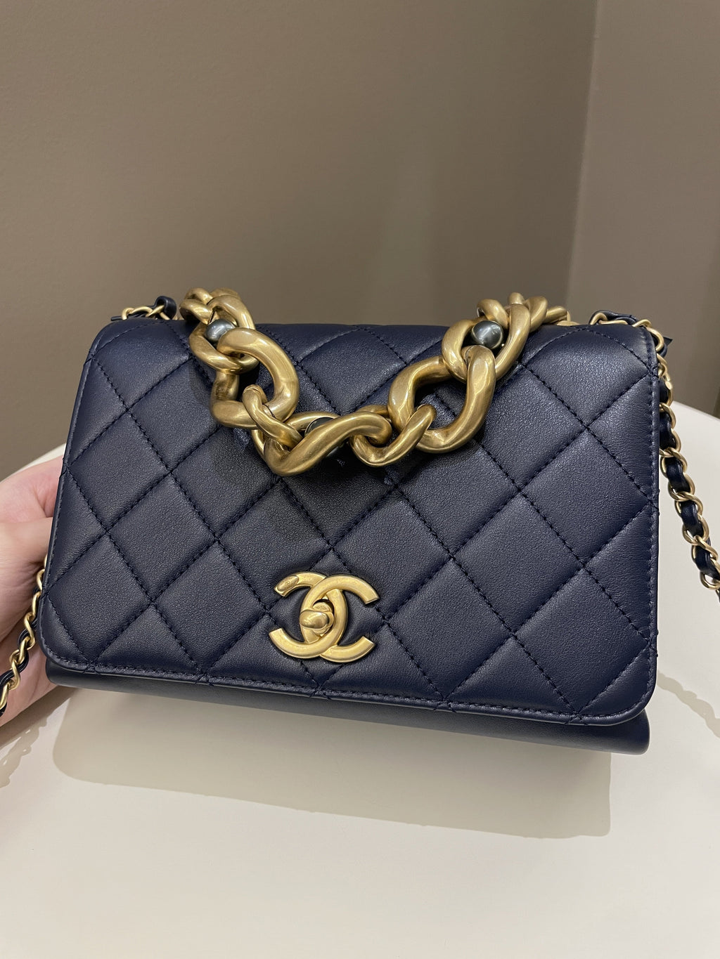 Chanel Chain Top Accordian Bag Navy Calfskin