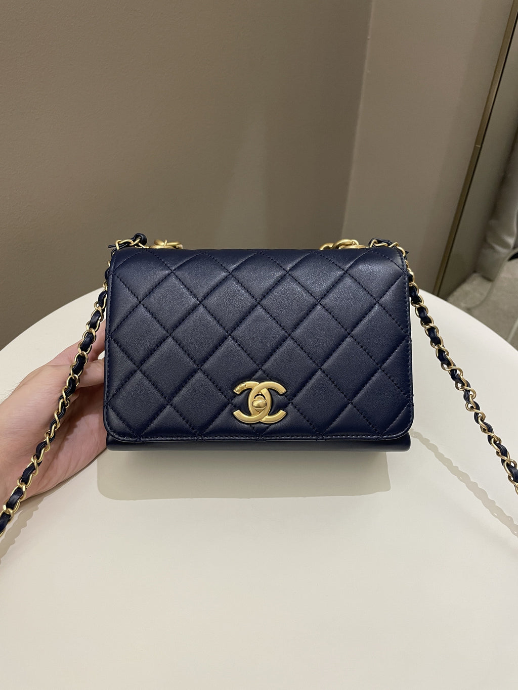 Chanel Chain Top Accordian Bag Navy Calfskin