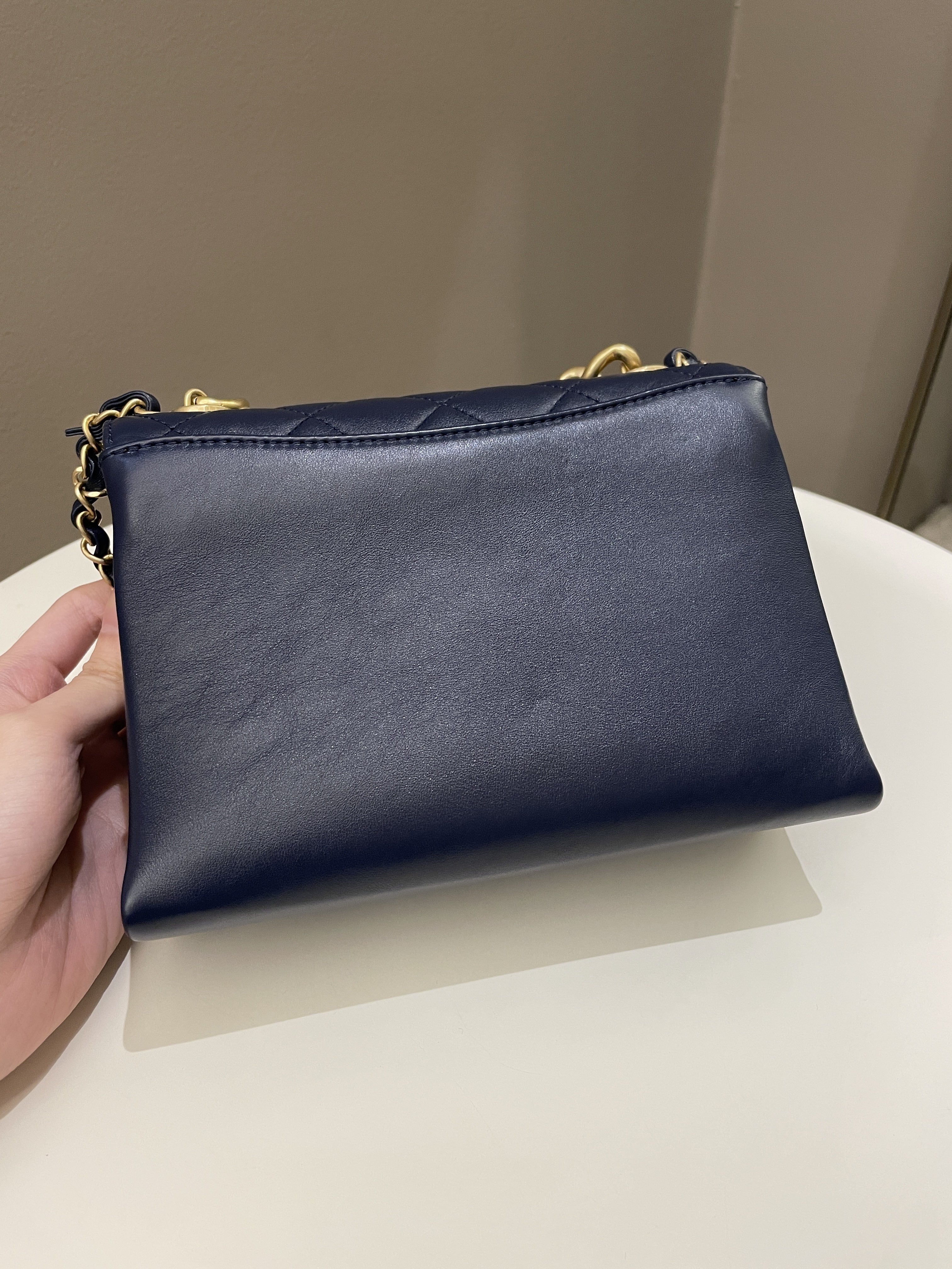 Chanel Chain Top Accordian Bag Navy Calfskin