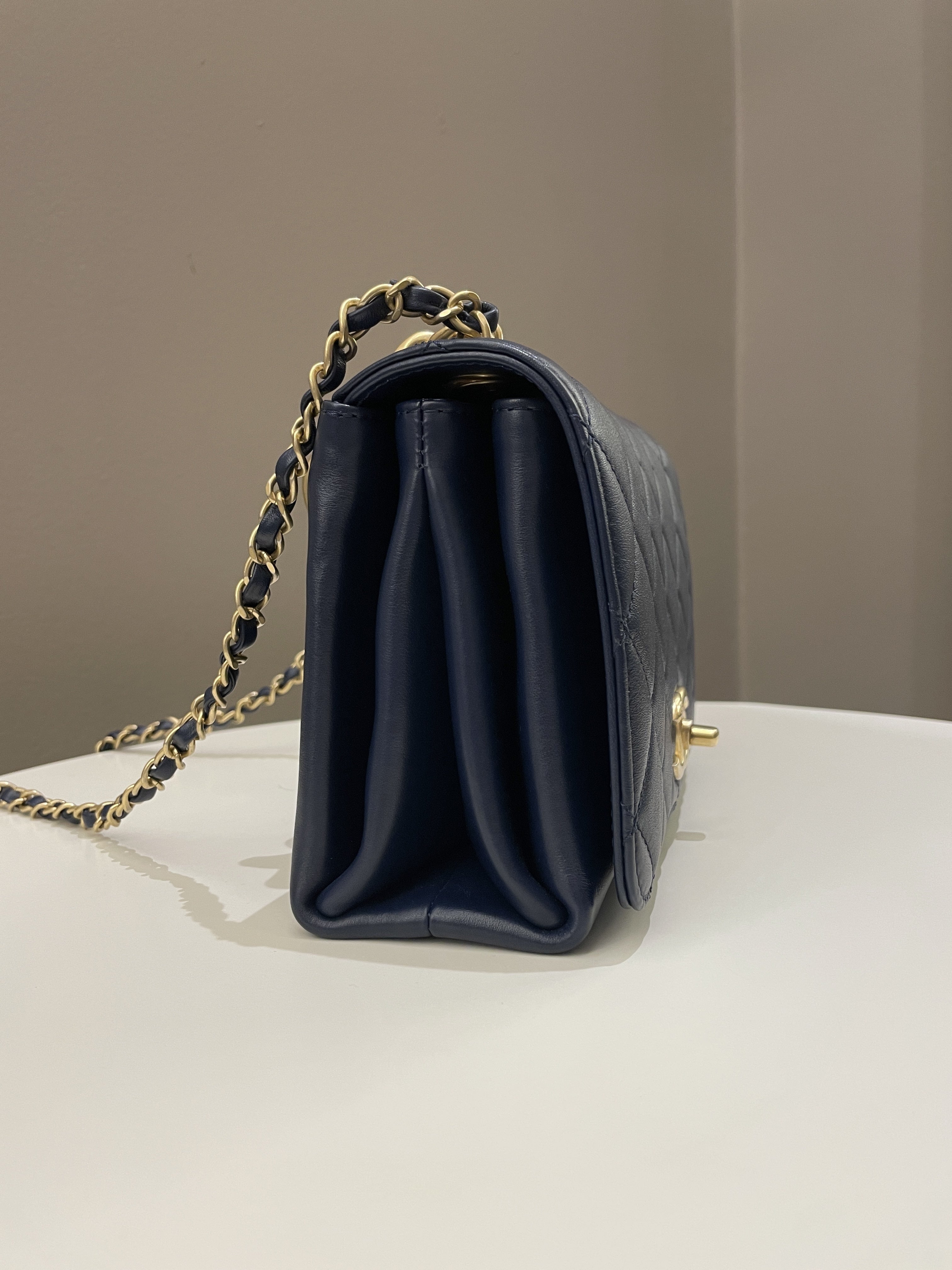 Chanel Chain Top Accordian Bag Navy Calfskin