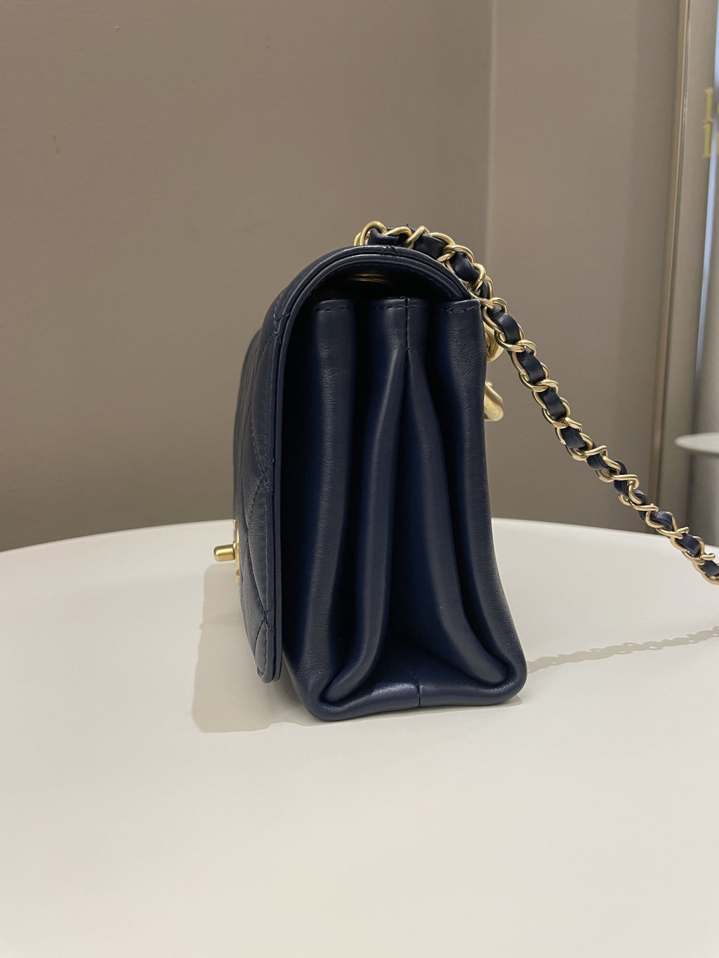 Chanel Chain Top Accordian Bag Navy Calfskin