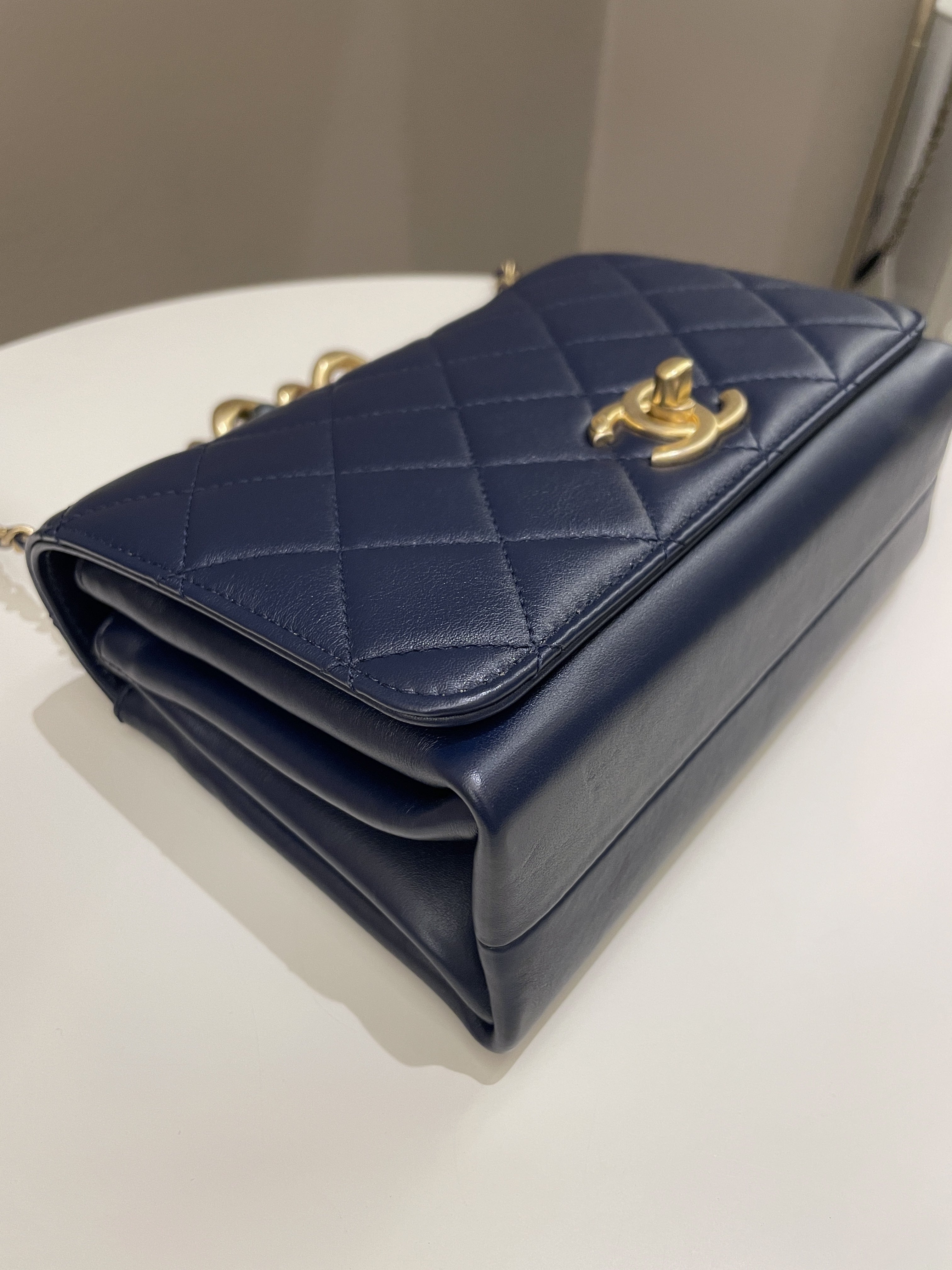 Chanel Chain Top Accordian Bag Navy Calfskin