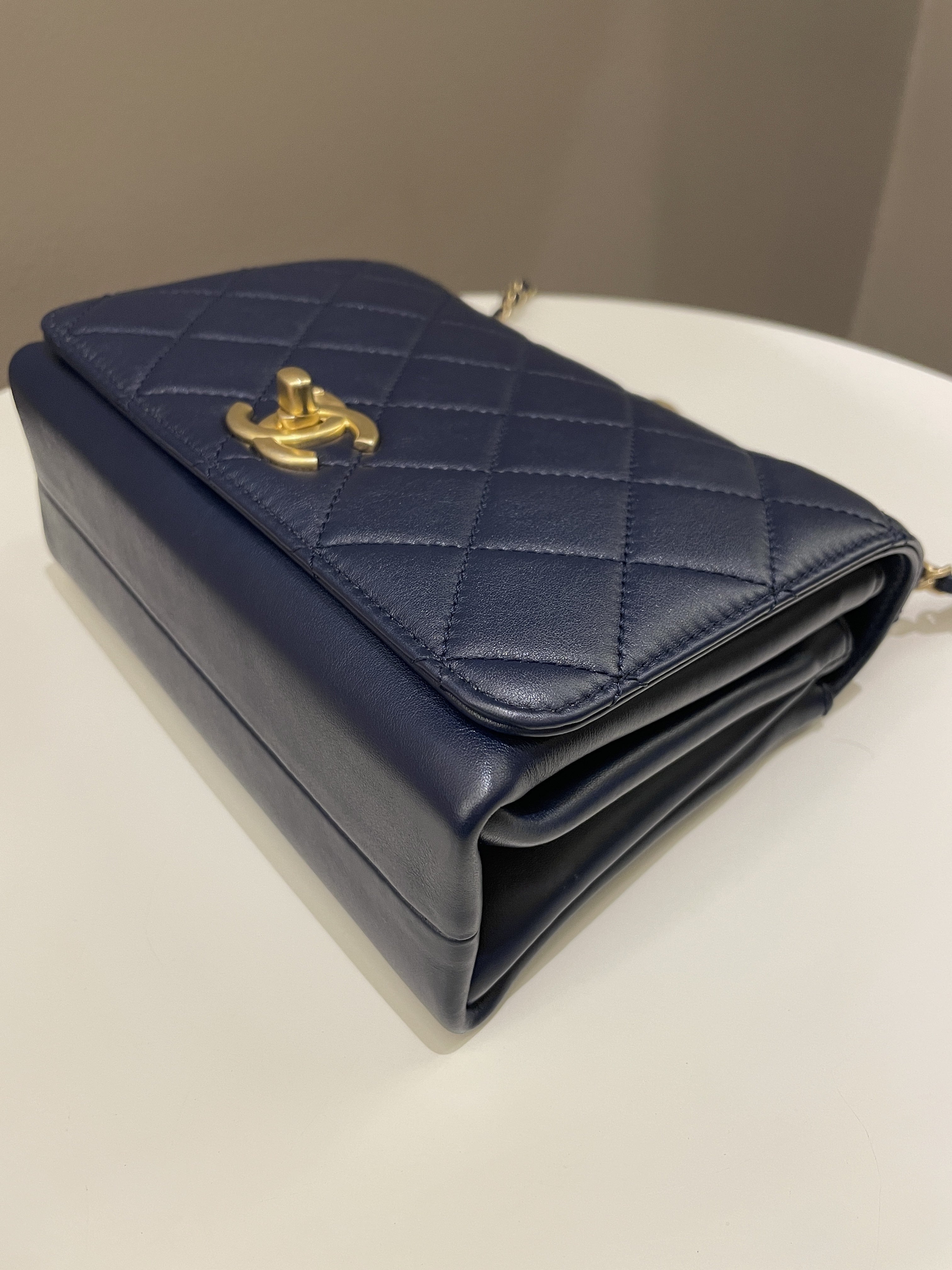Chanel Chain Top Accordian Bag Navy Calfskin