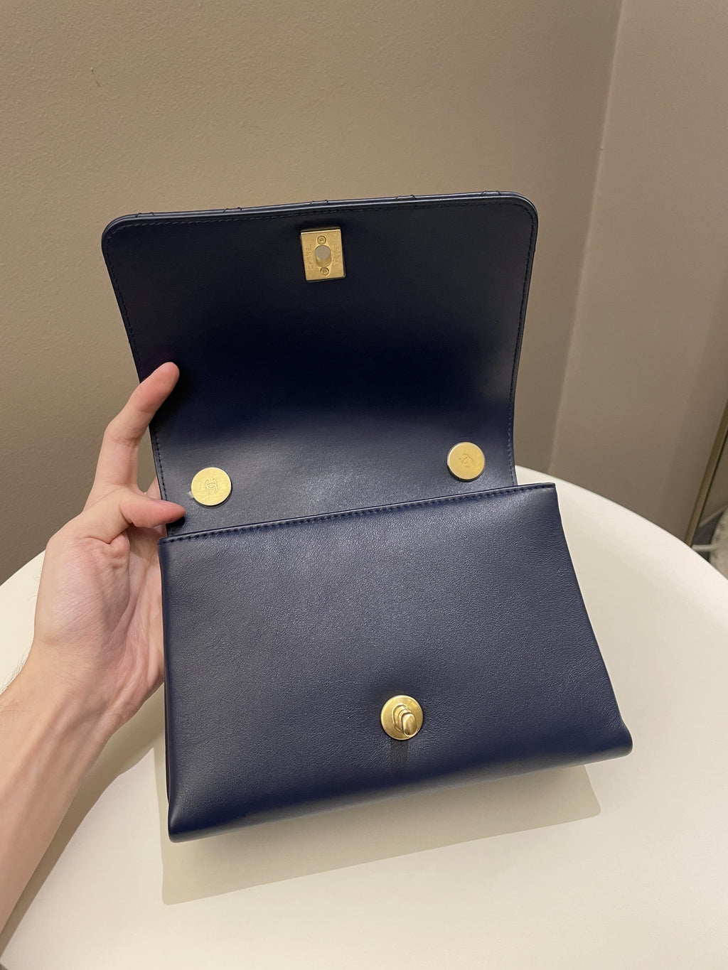 Chanel Chain Top Accordian Bag Navy Calfskin