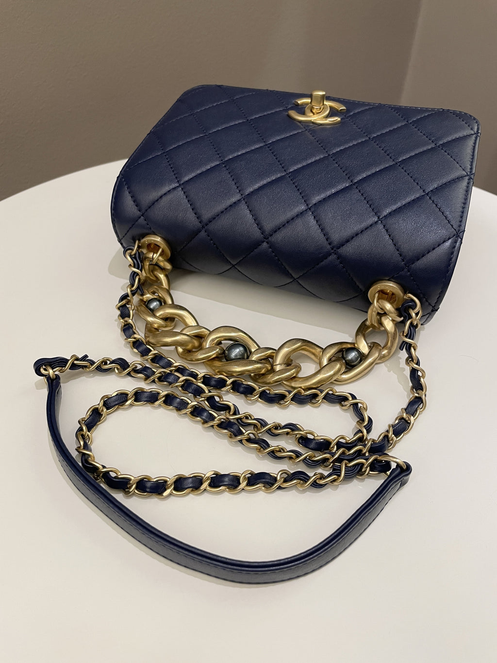 Chanel Chain Top Accordian Bag Navy Calfskin